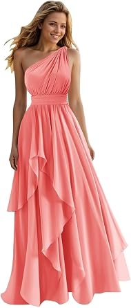 A Line One Shoulder Bridesmaid Dresses for Wedding Ruffles Chiffon Long Formal Evening Party Gowns with Pockets