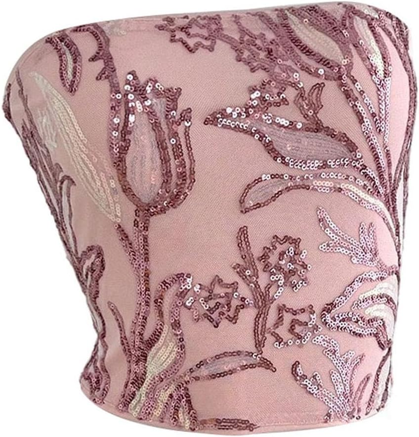 MakeMeChic Women's Floral Sequin Crop Tube Top Sparkly Sleeveless Open Back Y2K Party Tops Clubwear