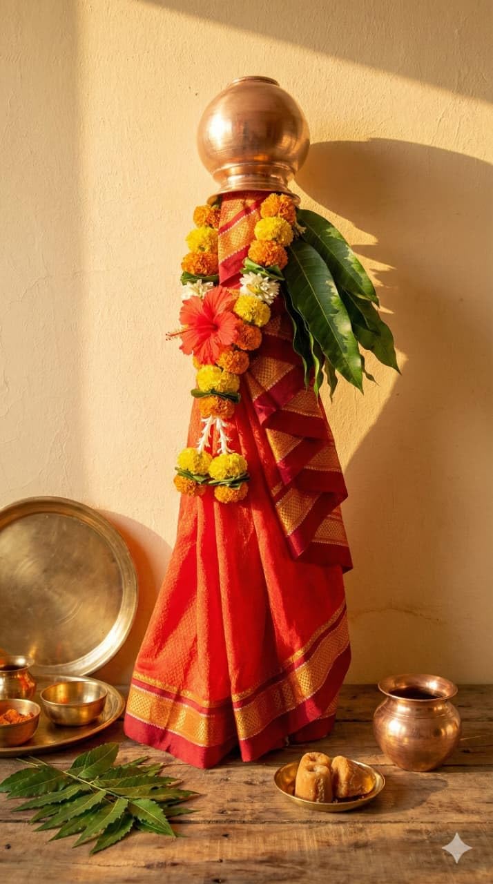 GURUKRUPA SHOPEE Maharashtrian Gudhi Vastra for Gudi Padwa Traditional Gudhi Decoration Set with Vastra Kalash Neem Leaves Sugar Stick Home Pooja Festival (Orange)