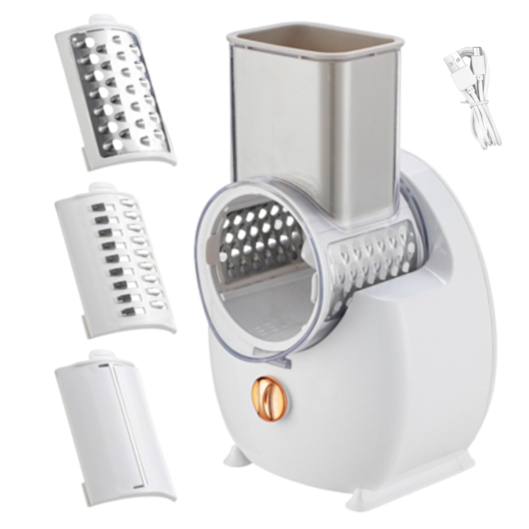 Rallador de Queso eléctrico Trituradora automática con 3 Accesorios Picadora USB Cortadora de ensaladas