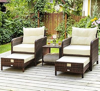 Pamapic 5 Pieces Wicker Patio Furniture Set Outdoor Patio Chairs with Ottomans Conversation Furniture with coffetable for Poorside Garden Balcony(Beige)