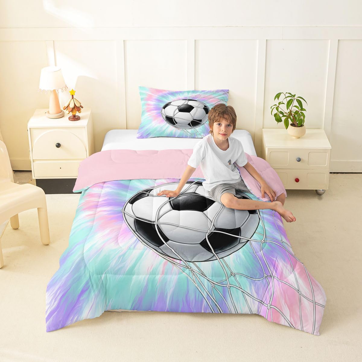 Feelyou Football Comforter Set Twin Size Soccer Bedding Set for Kids Boys Girls Watercolor Tie Dye Duvet Quilt Sports Bedroom Decor Microfiber 2 Pcs with 1 Pillow Cases
