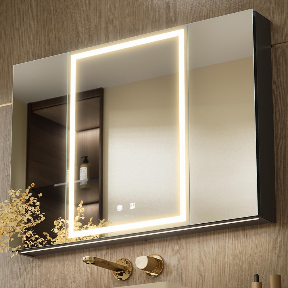KWW LED Lighted Bathroom Medicine Cabinet with Sockets & USBs, Defogger, Dimmable, 3 Color Light Makeup Mirror, Easy to Install, Wall Mounted Cabinet (3 door-40 * 28)