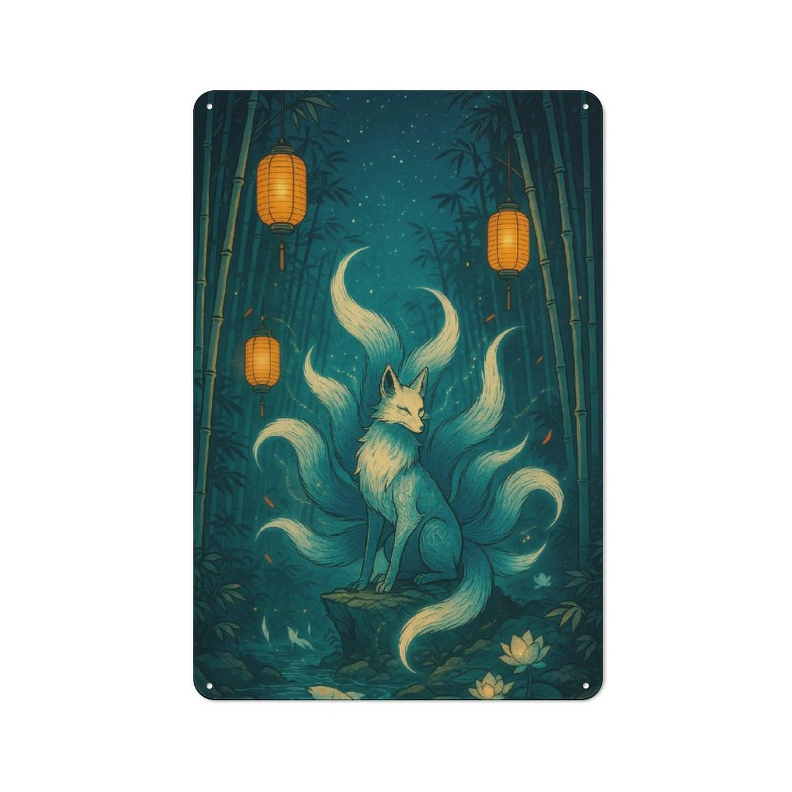 Junmoney Style-13 Vintage Metal Plaque 30X20cm Featuring Nine-Tailed Fox In Bamboo Forest For Hallway Wall, For Wall Display Collectors