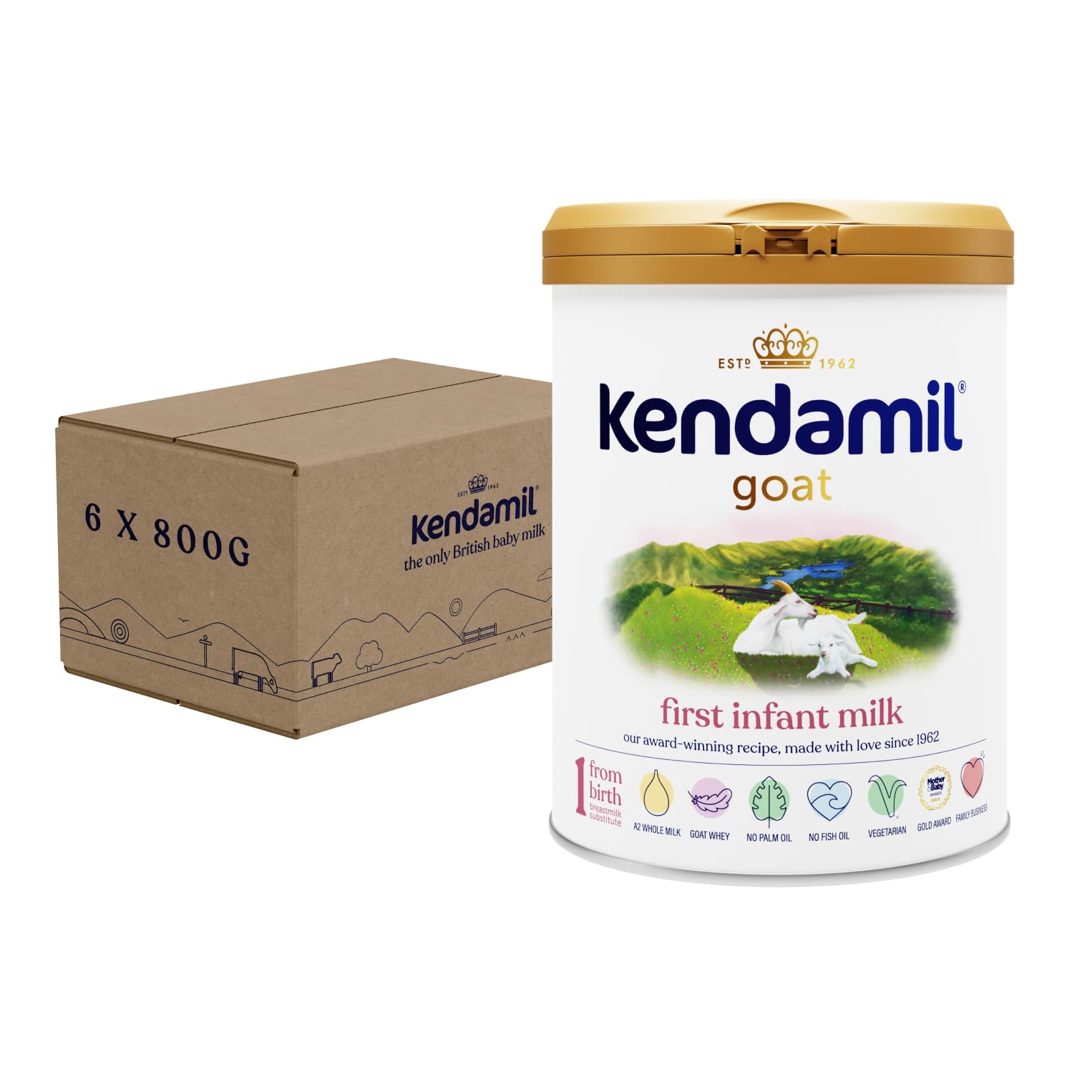 (6x800g) Kendamil Goat First Infant Milk, Stage 1 – British Made, Goat Whole Milk Formula – With HMOs, With A2, No Palm Oil, No Fish Oil, No SOYA, No GMOs