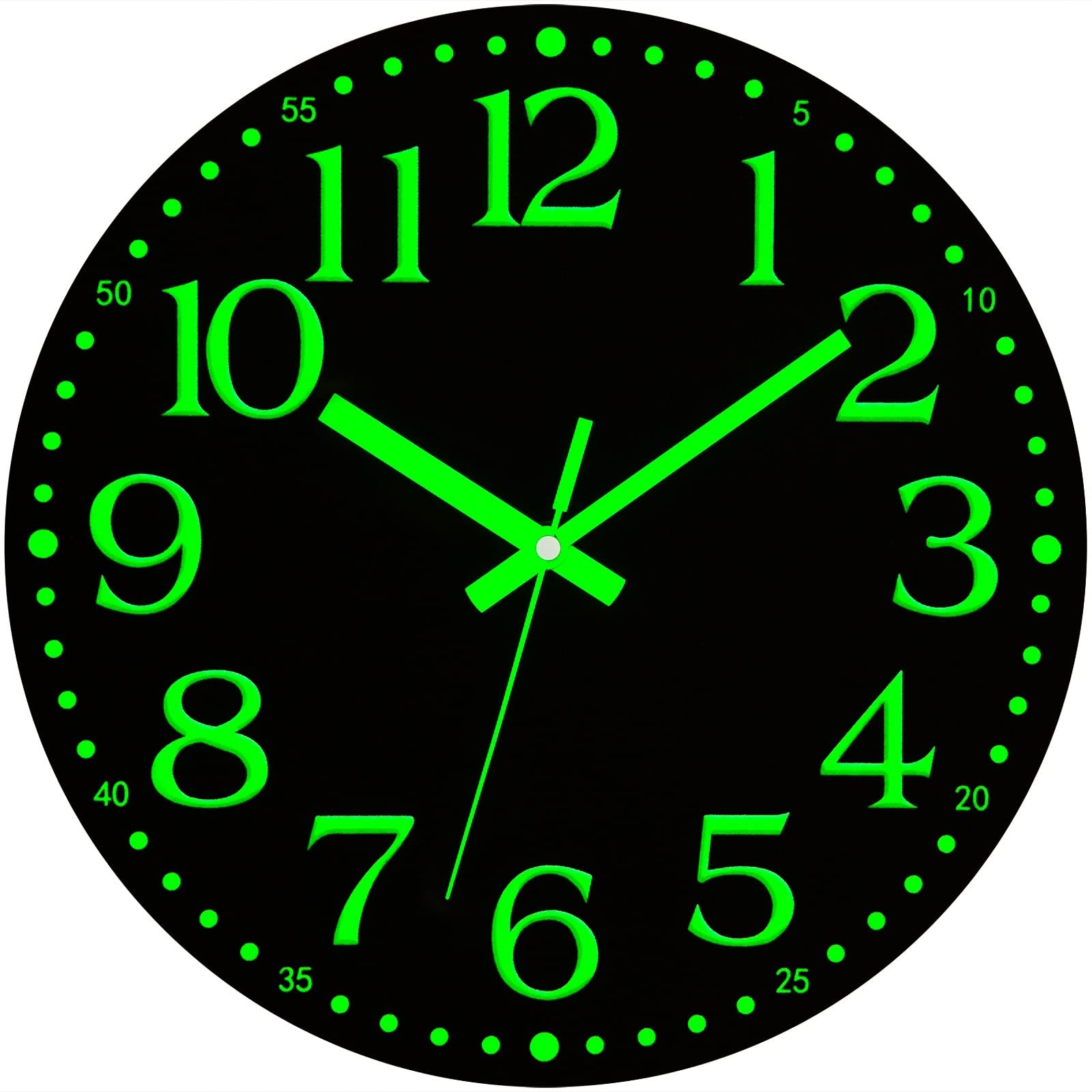 Glow In the Dark Wall Clocks Battery Operated Wall Clock 12 Inch Black Wood Rustic Non-Ticking Large Decorative Retro Analog Silent Wall Clock for Living Room Bedroom Office Kitchen Classroom Bathroom