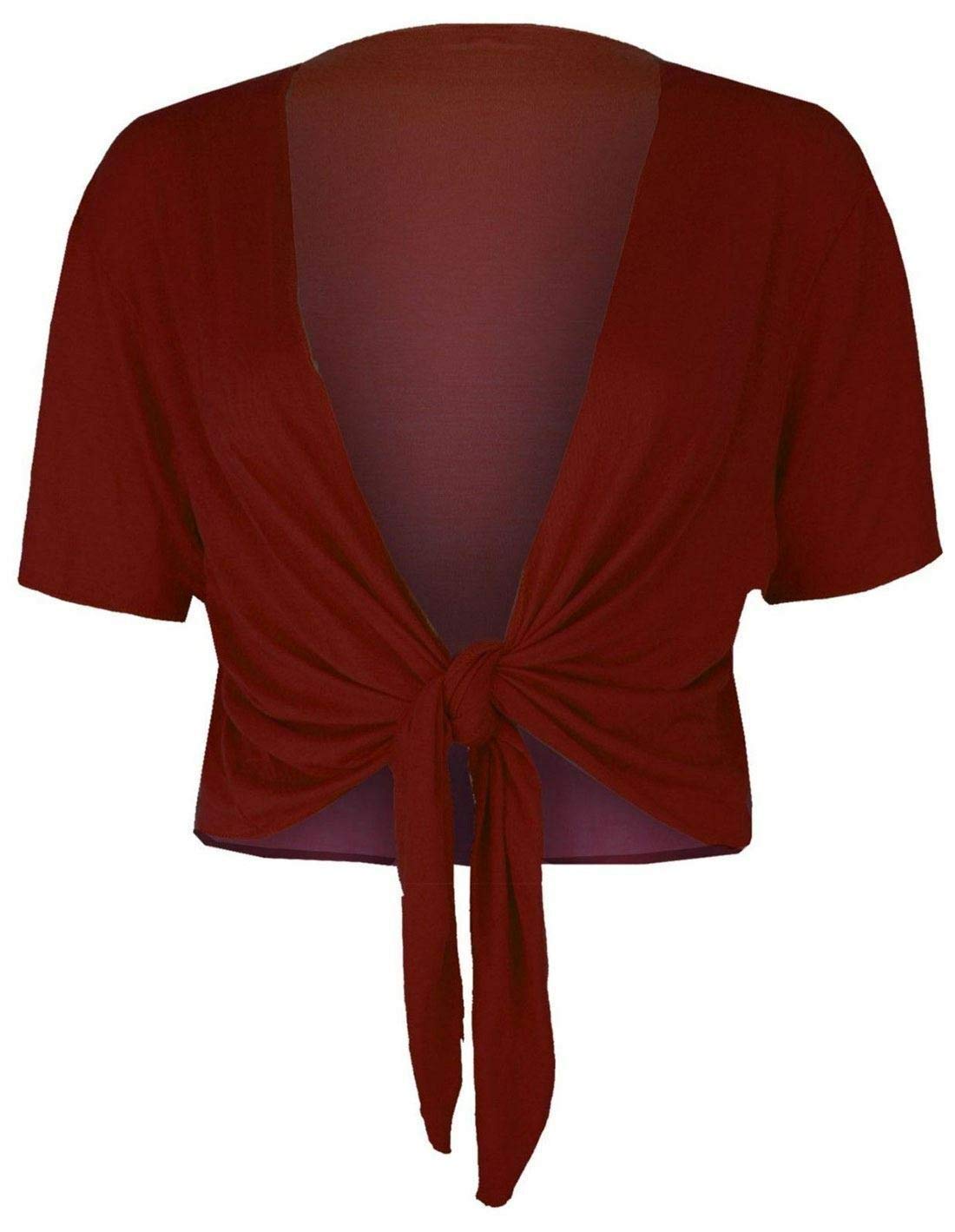 Fashion's island Ladies Women Tie Up Front Short Sleeve Plain Bolero Cropped Shrug Cardigan Top Wine