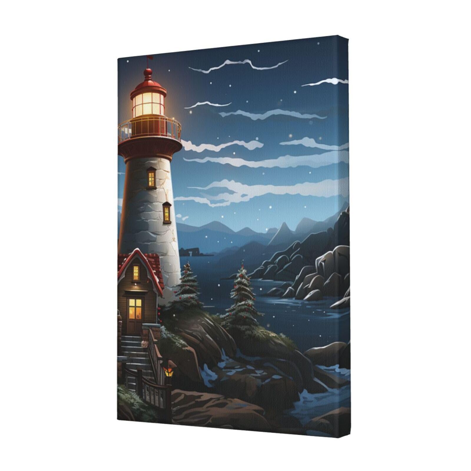 FodPand Santa Claus Lighthouse Canvas Wall Art for Living Room Wall Decor 12"x18" Modern Artwork Painting Pictures Hanging Canvas Prints Aesthetic Wall Art for Bedroom Bathroom Office Wallart Decor