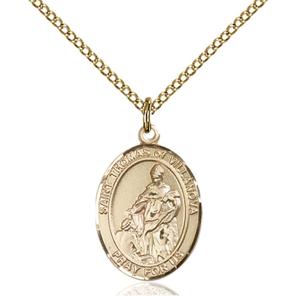 Bonyak Jewelry Saint Medal Collection Custom Engraved Gold Filled St. Thomas of Villanova Pendant 3/4 x 1/2 inches with Gold Filled Lite Curb Chain