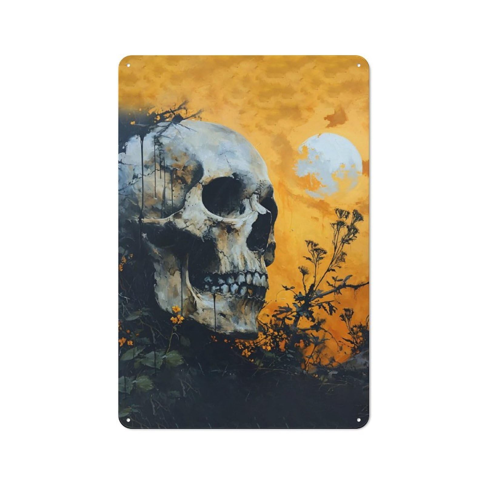 Junmoney Field Of Flowers And Skull Retro Metal Sign 30X20cm, Distressed Look Retro Room Decor For Living Room, Hallway, Kitchen Or Cafe