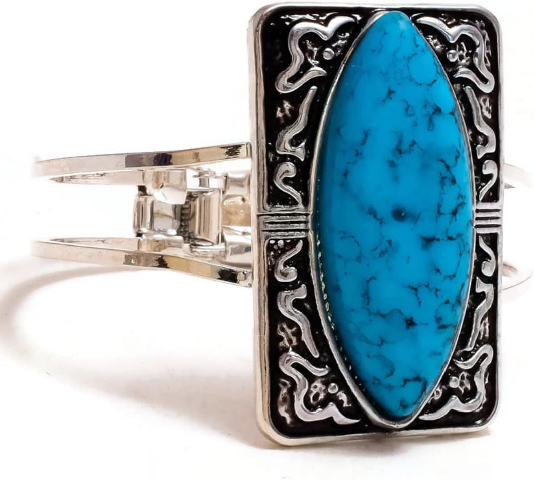 Blue Turquoise Cabochon Marquis Gemstone Handmade Oxidized Engraved Antique Cuff Bangle Bracelet