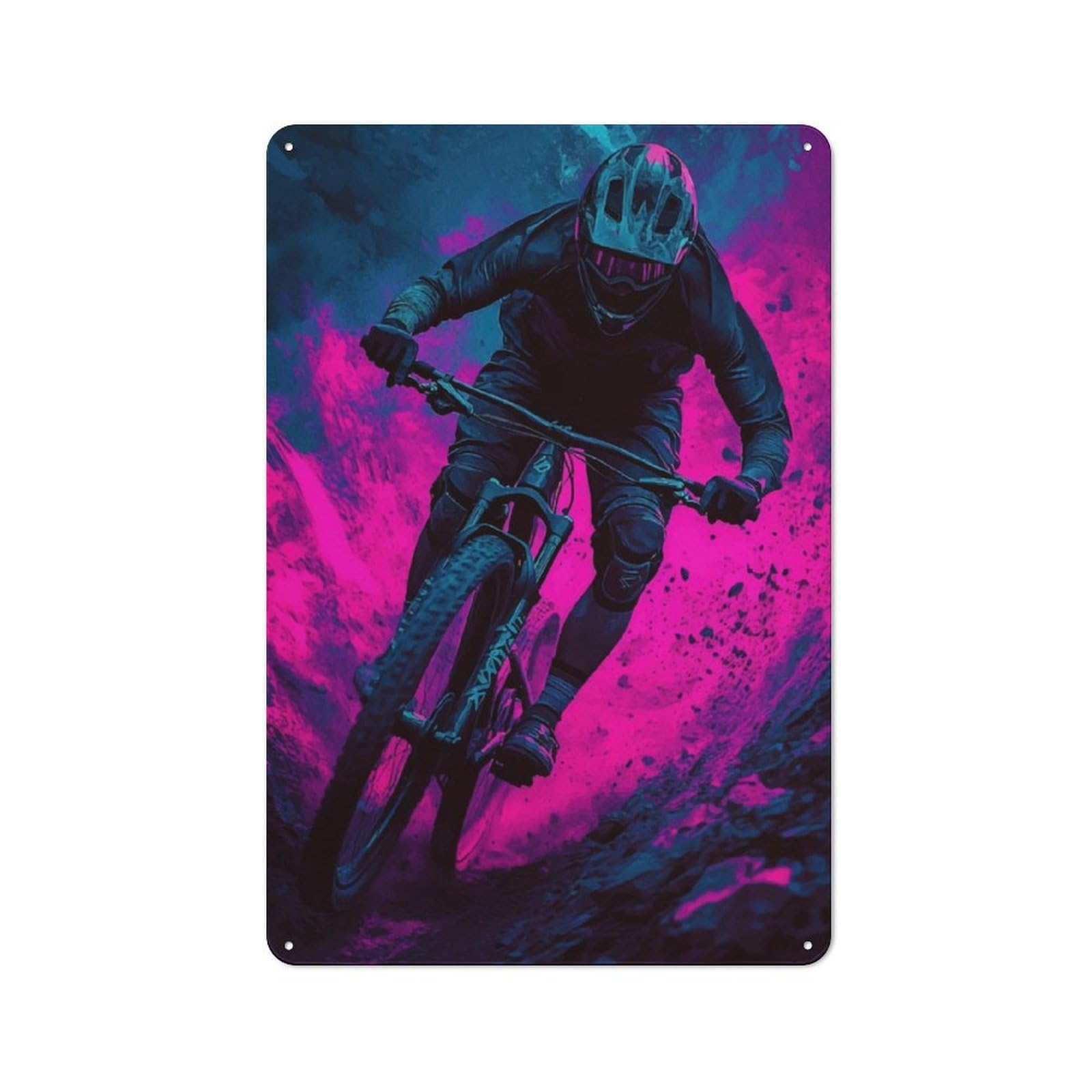 Junmoney Mountain Biker In Neon Glow Metal Sign 30X20cm With For Pub Or Café, Retro Decor, For Cooler-Month Interiors With Retro Character