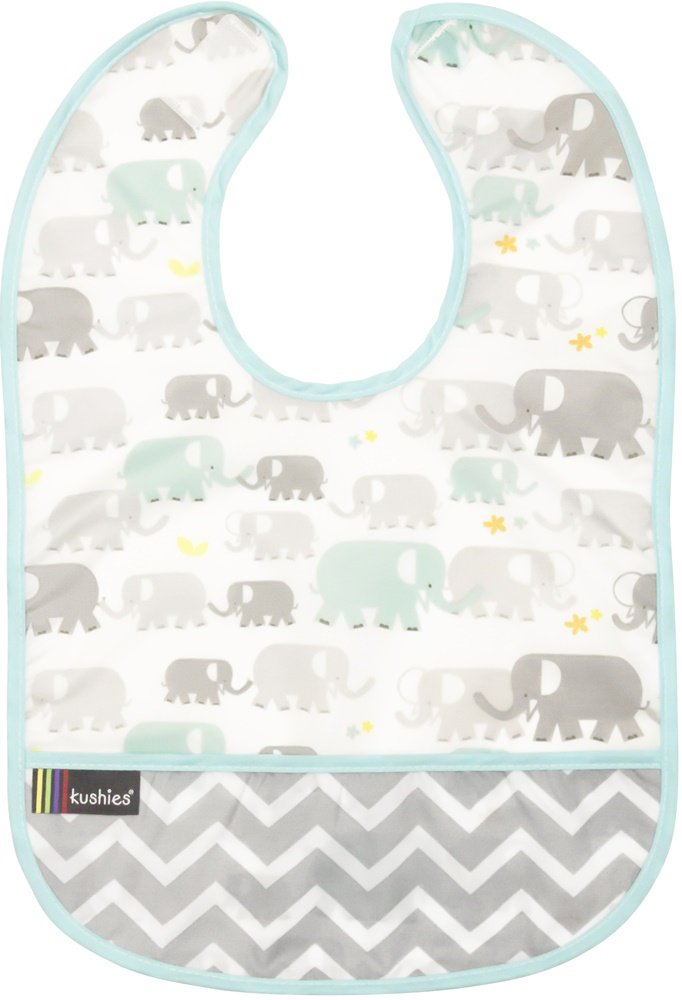 Kushies Cleanbib Waterproof Feeding Bib with Catch All/Crumb Catcher Pocket. Wipe Clean and Reuse! Lightweight for Comfort, Baby Boys and Girls, Unisex, 6-12 Months, White Elephants