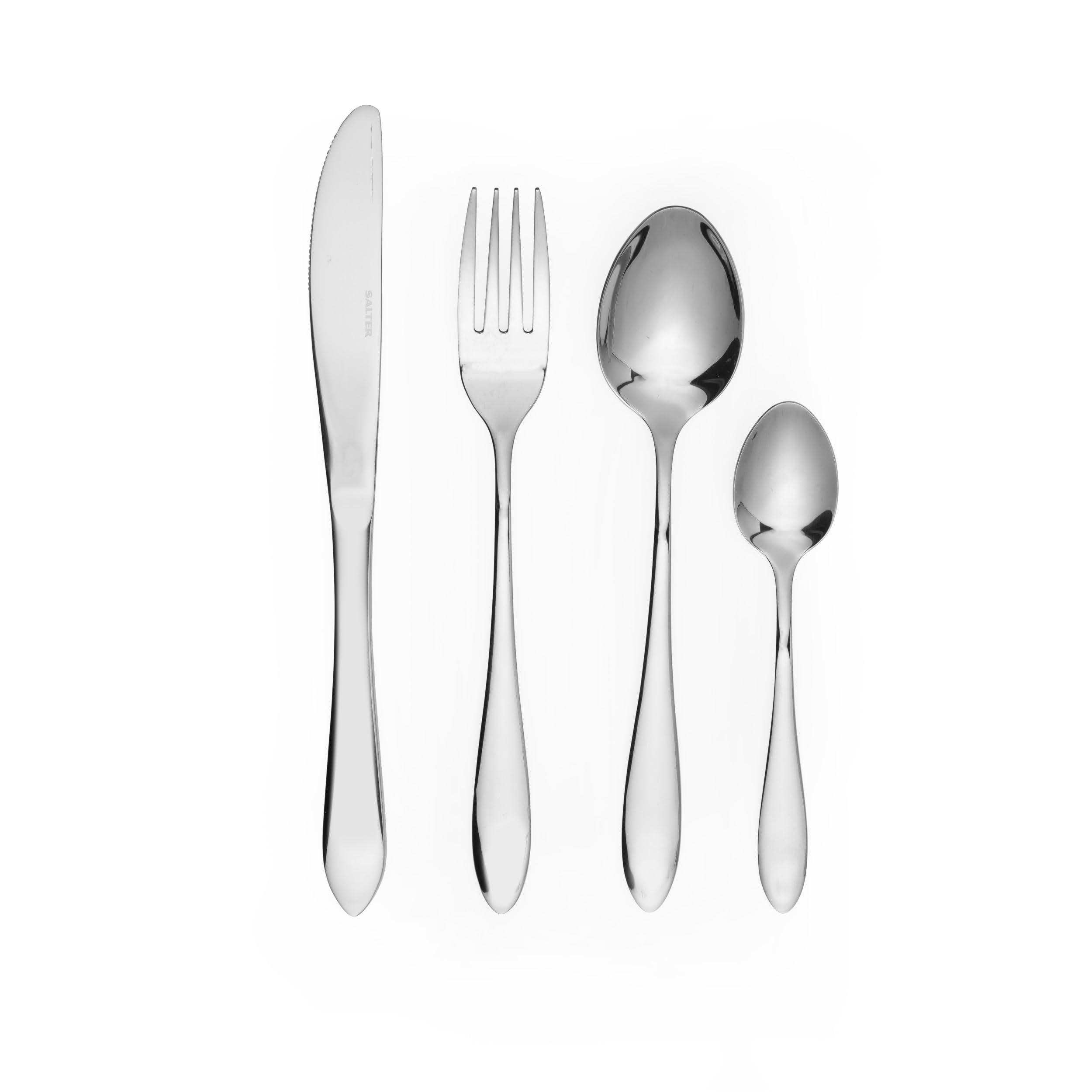 Salter Harrogate Cutlery Set – 16 Piece, 18/0 Stainless Steel, Mirror Polish, 25-Year Guarantee, 4 Place Settings, Includes Forks, Knives, Dessert Spoons & Teaspoons, Dishwasher Safe, BW10860EU7