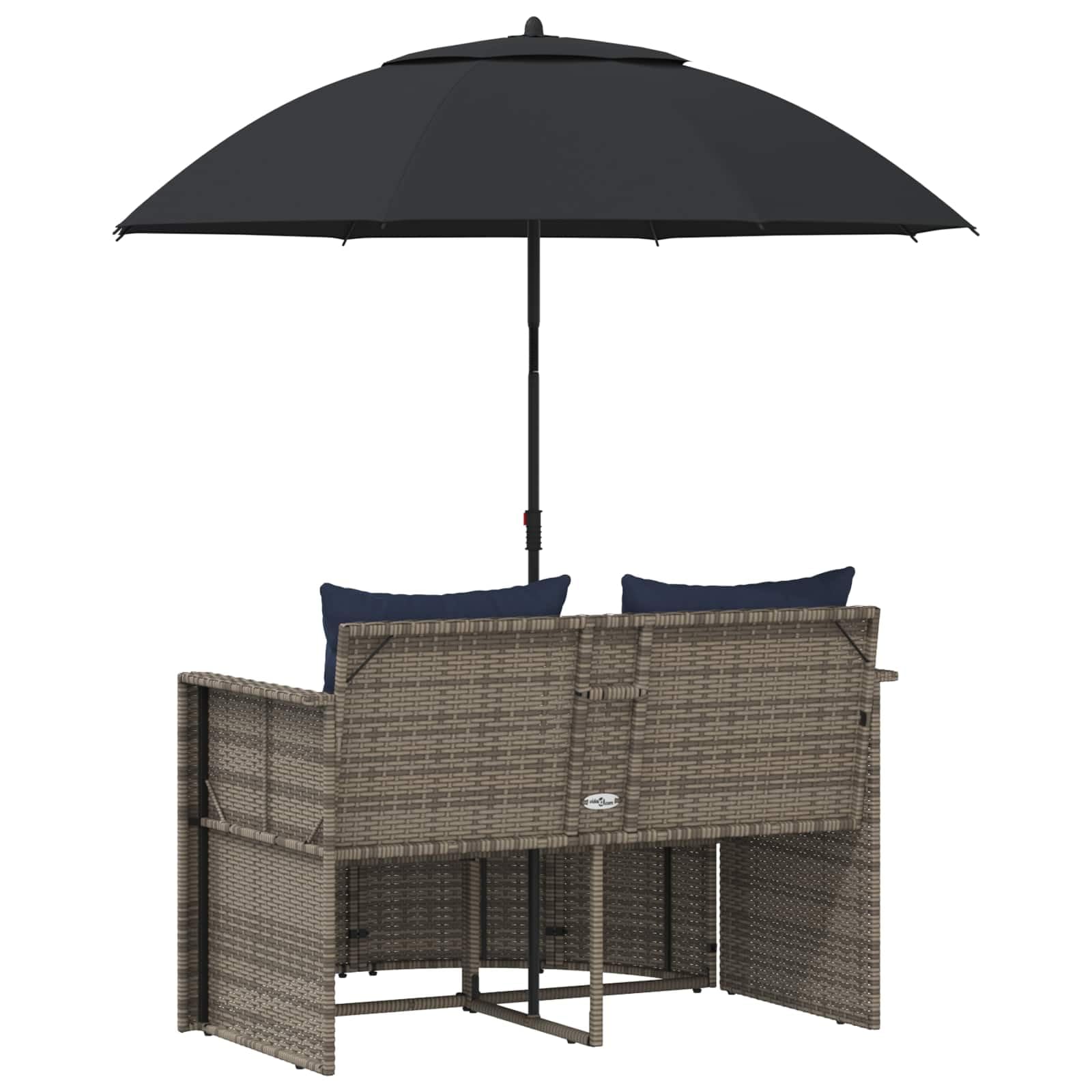 Divano da Giardino 8 Pz in Polyrattan Grigio e Blu | Salotto da esterno con parasole regolabile e cuscini imbottiti, ideale per arredare il patio o il bordo piscina.