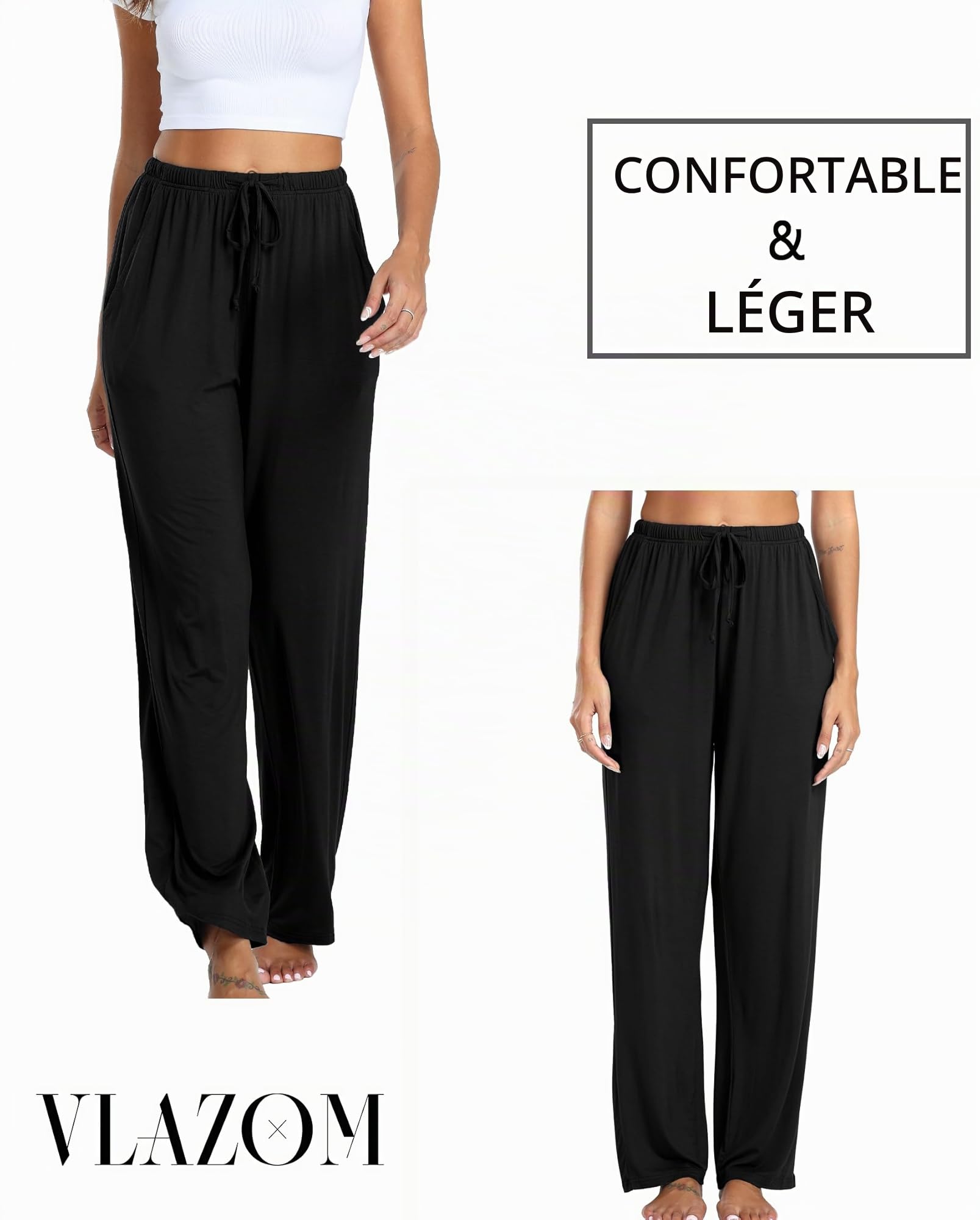 Vlazom Pantalon de Pyjama Femme Modal Bas de Pyjama avec Poches Pantalon de Nuit Vêtements de Nuit Couleur Unie S-XXL