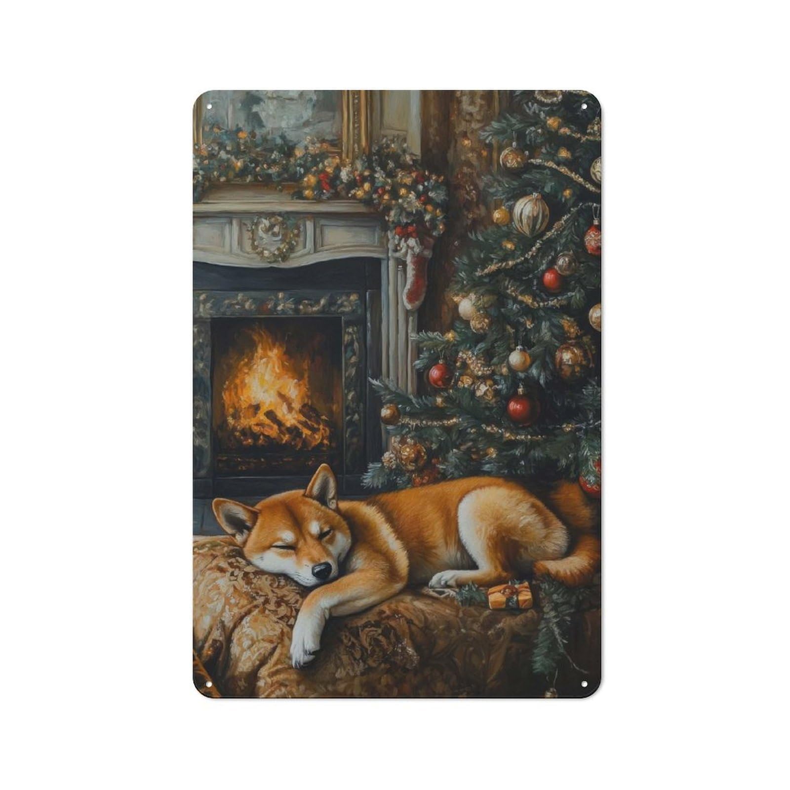 Junmoney Sleeping Shiba Inu Christmas Fireplace Shiba Inu Christmas Art Vintage Metal Wall Decor 30X20cm, Tin Sign For Cafe, Pub, Workshop Or Home Bar, For Casual British Interiors
