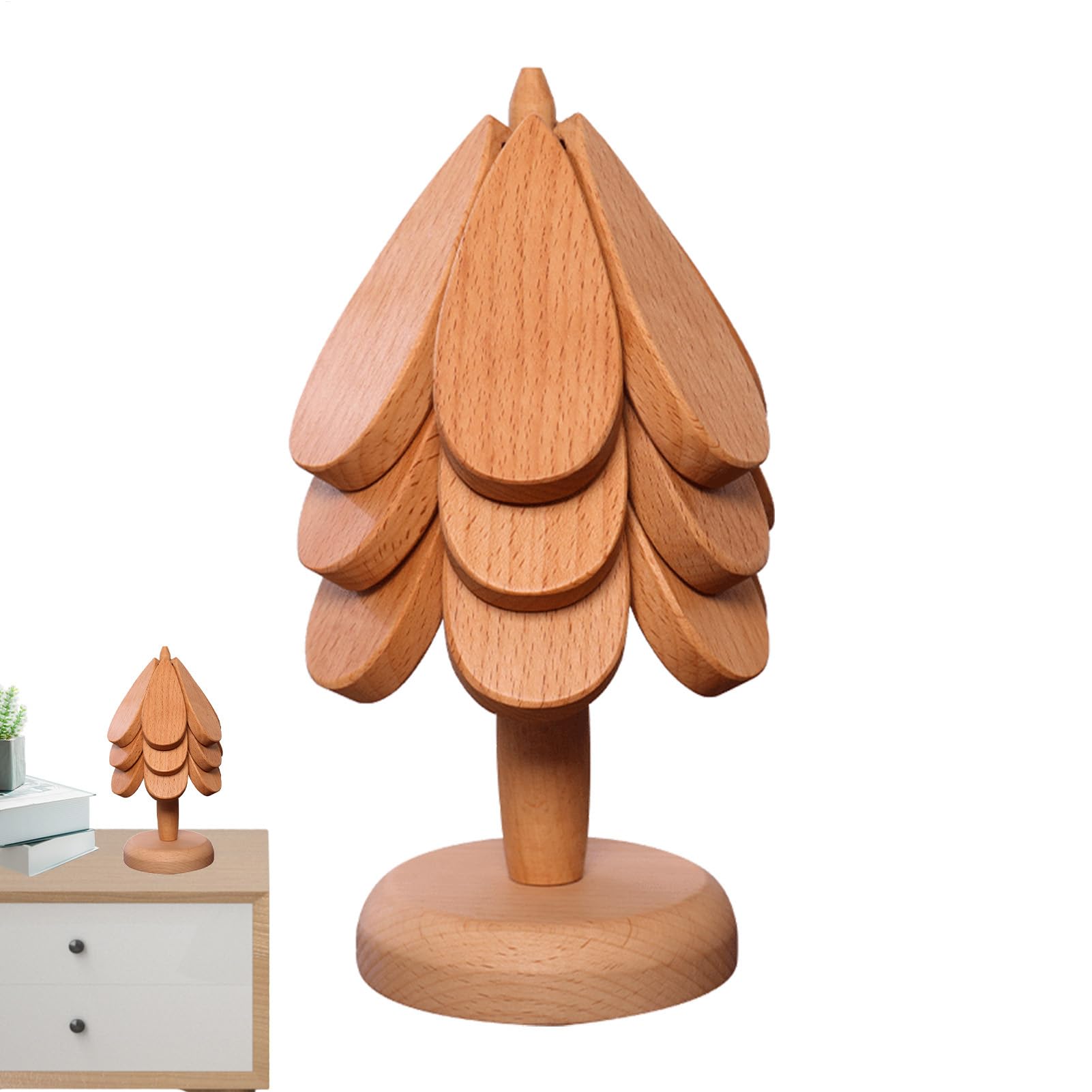 Dessous de Verre en Bois pour Arbre, Ensemble de Dessous de Plat en Bois | Ensemble de sous-verres en bois de hêtre, support d'arbre décoratif avec 3 sous-verres et 1 support pour