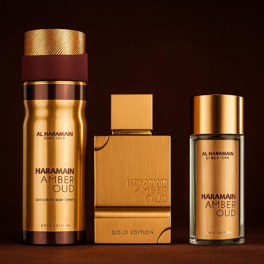 Al Haramain Amber Oud Gold Edition 3 Pc Gift Set for Unisex - Luxury Cologne & Perfume for Men & Women - 2.5 oz EDP Spray, 1 oz EDP Spray, 6.6 oz Body Spray - Arabian & Arabic Long Lasting Fragrance