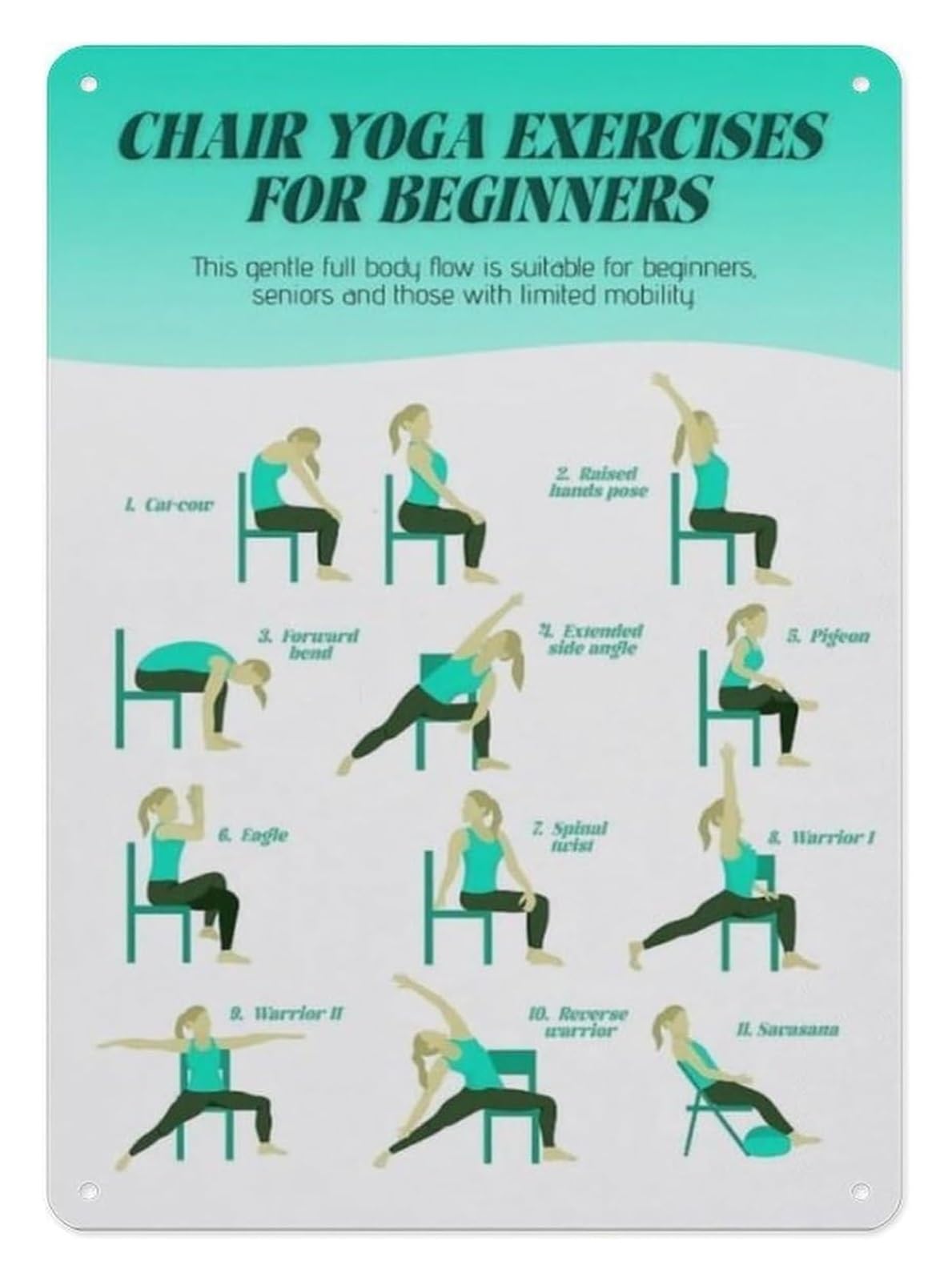 FNYUVNFAF Seated Yoga Exercises Chart Chair Yoga Poses for Beginners Senior Workout Aluminum Sign for Rehabilitation Office Elderly Care Room Wall Decor 8 X 12 inch