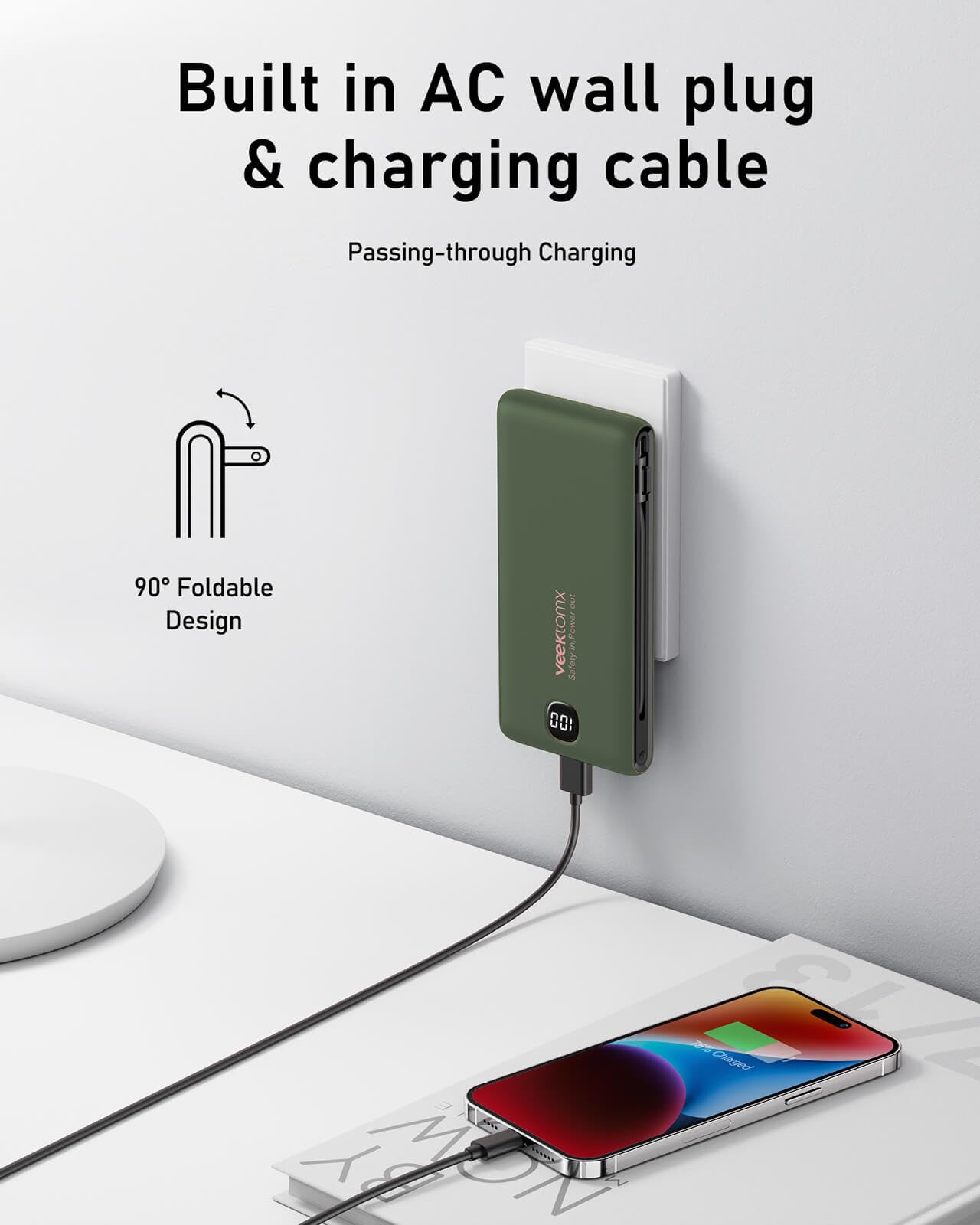 VEEKTOMX 10000mAh Portable Charger with Built-in Cables & Wall Plug view 2