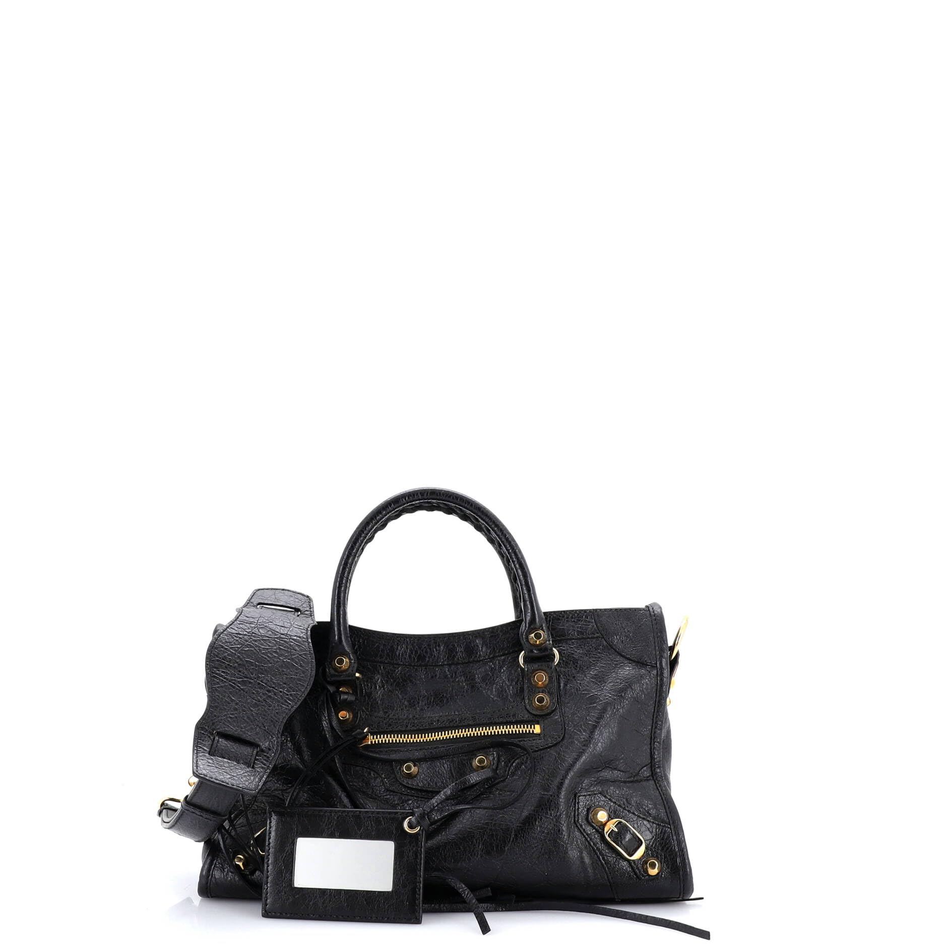 Pre-Loved Logo Strap City Classic Studs Bag Leather Small, Black
