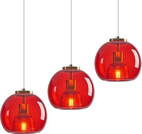 Miniatura 11 de Luces colgantes de vidrio rojo para isla de cocina, lámpara colgante dorada, lámpara colgante de globo de vidrio, iluminación colgante moderna para