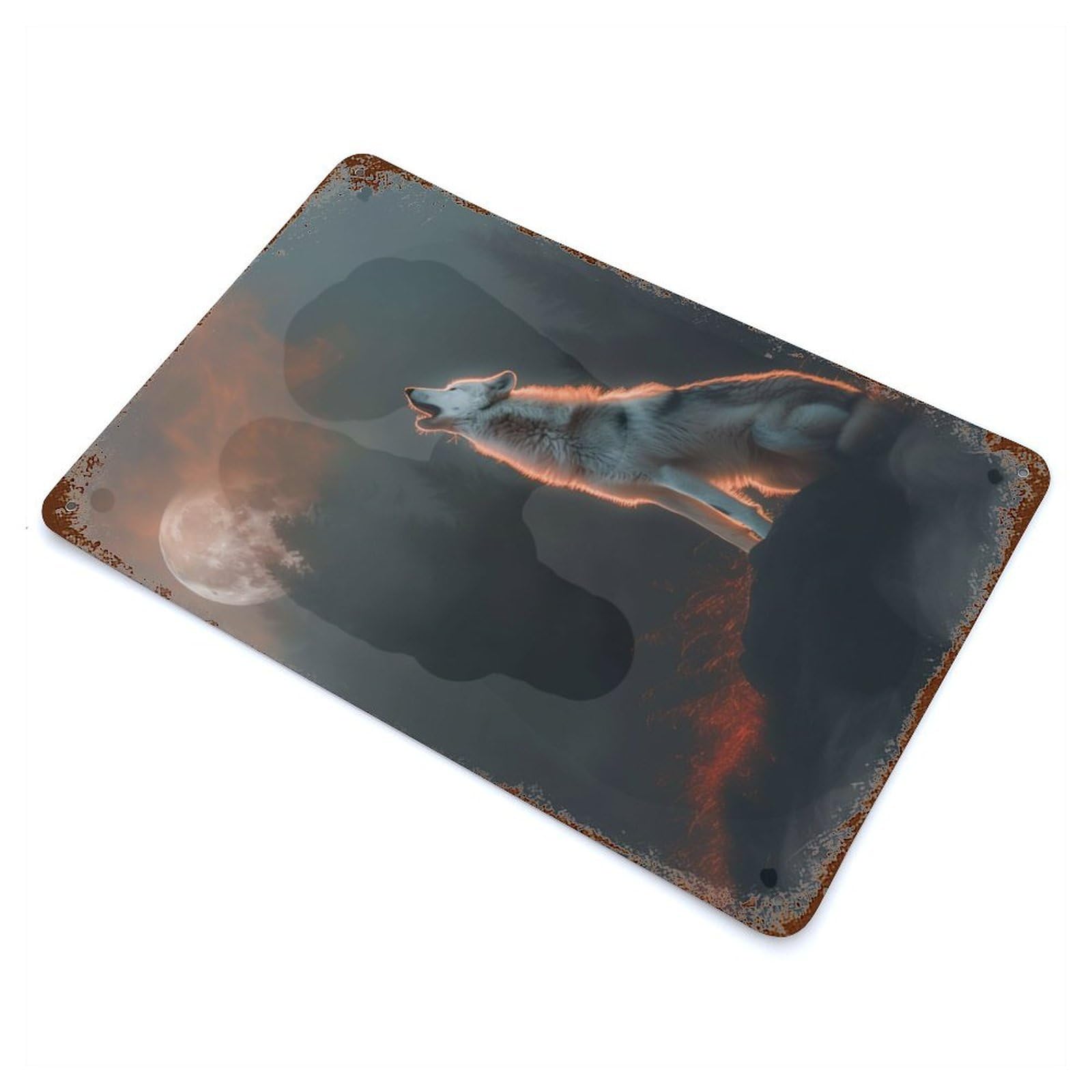 Moonlit Howling Wolf Weathered Tin Sign 11.8"x7.9", Ideal for Shed, Workshop And Garage Wall Decor