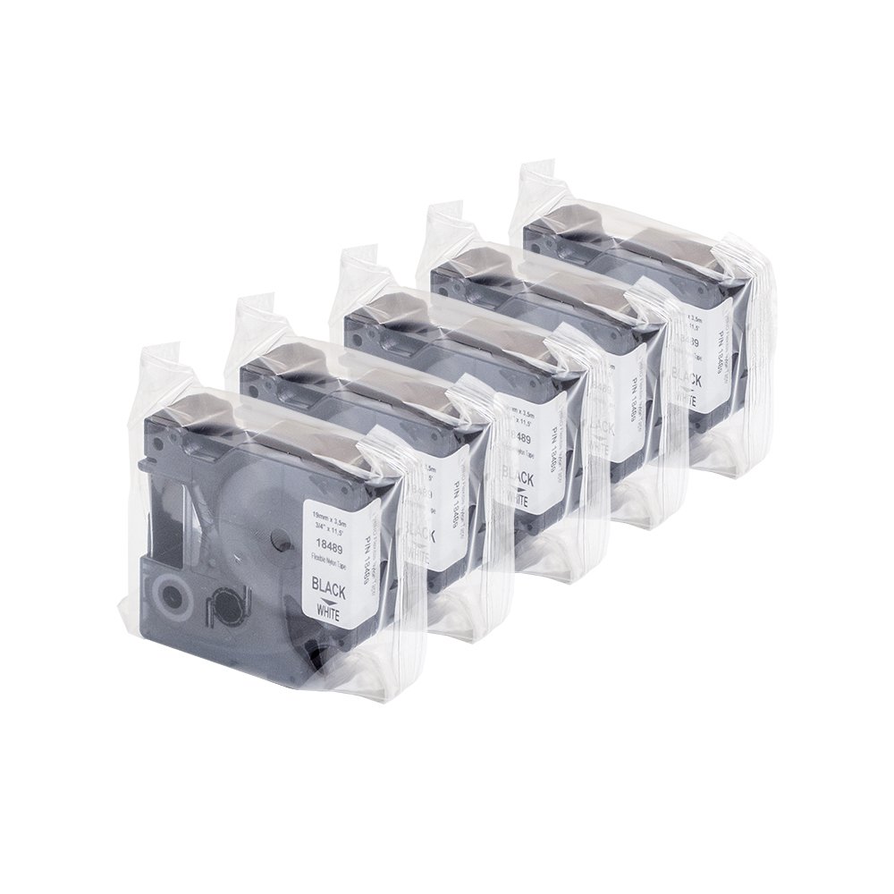 5 x Dymo 18489 Rhino Industrie Flexible Nylon Etiketten, selbstklebend, 19 mm x 3,5 m Rolle, schwarz Druck auf weiß + Papermate Kugelschreiber Geschenk
