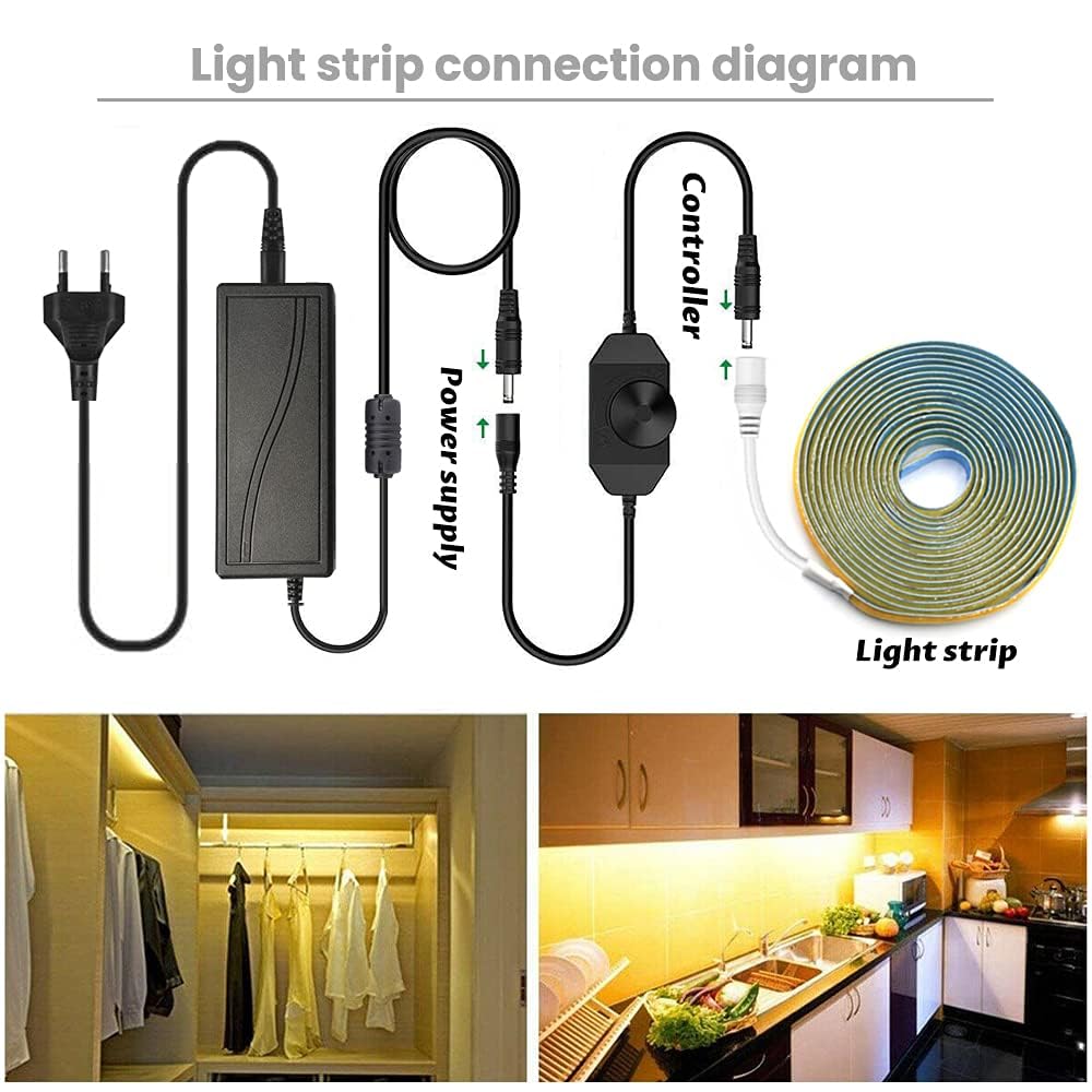 Arote Ruban LED COB 10m Blanc Chaud 3000K 24V, Bande LED Avec un gradateur et une alimentation électrique Flexible Haute Densité 320LEDs/m Dimmable IP20 pour TV Rétro-éclairage Chambre Cuisine