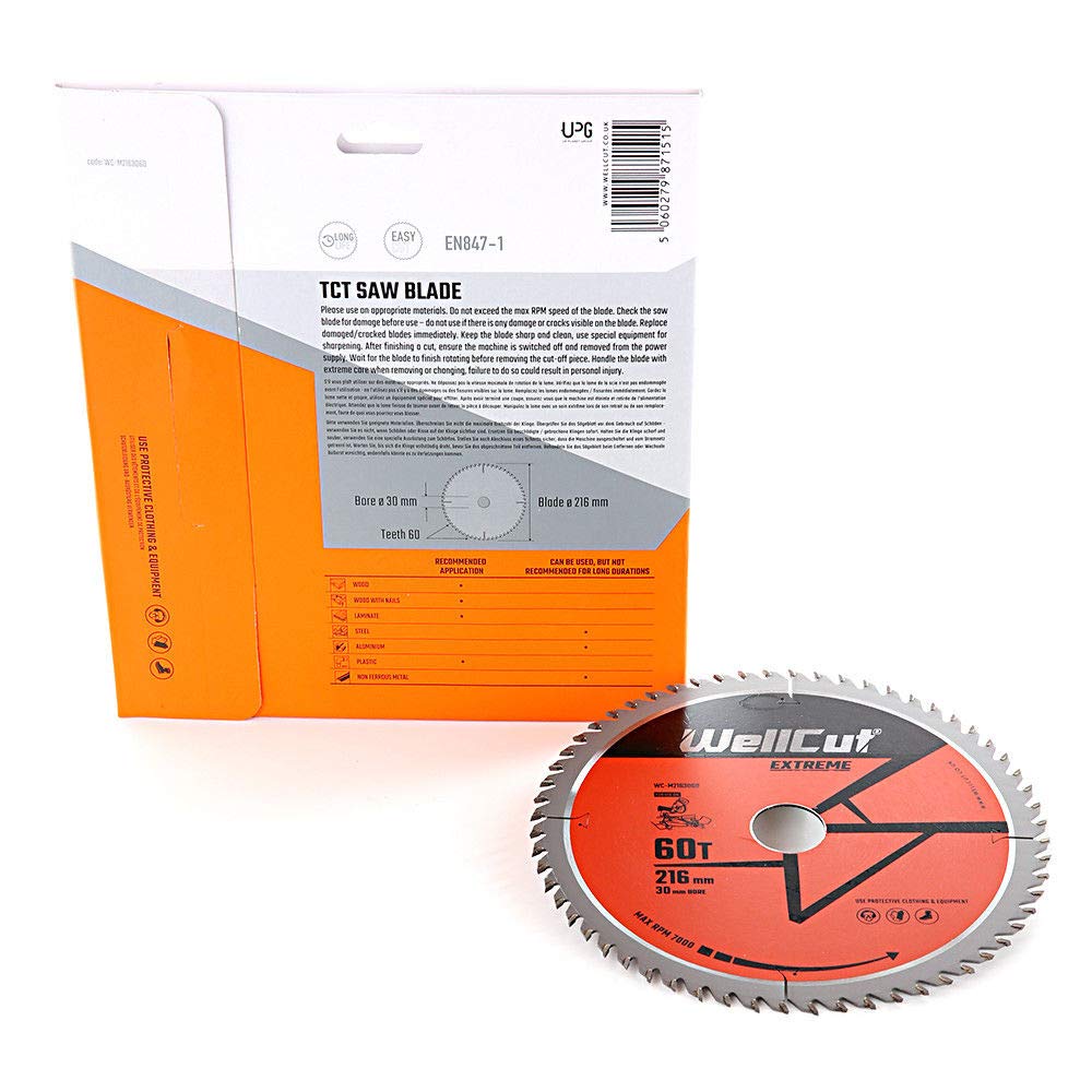 WellCut TCT - Lama per sega 216 mm x 60 T x 30 mm, adatta per LS0815, DWS777, DWS774, C8FSR, KGS216, confezione da 4