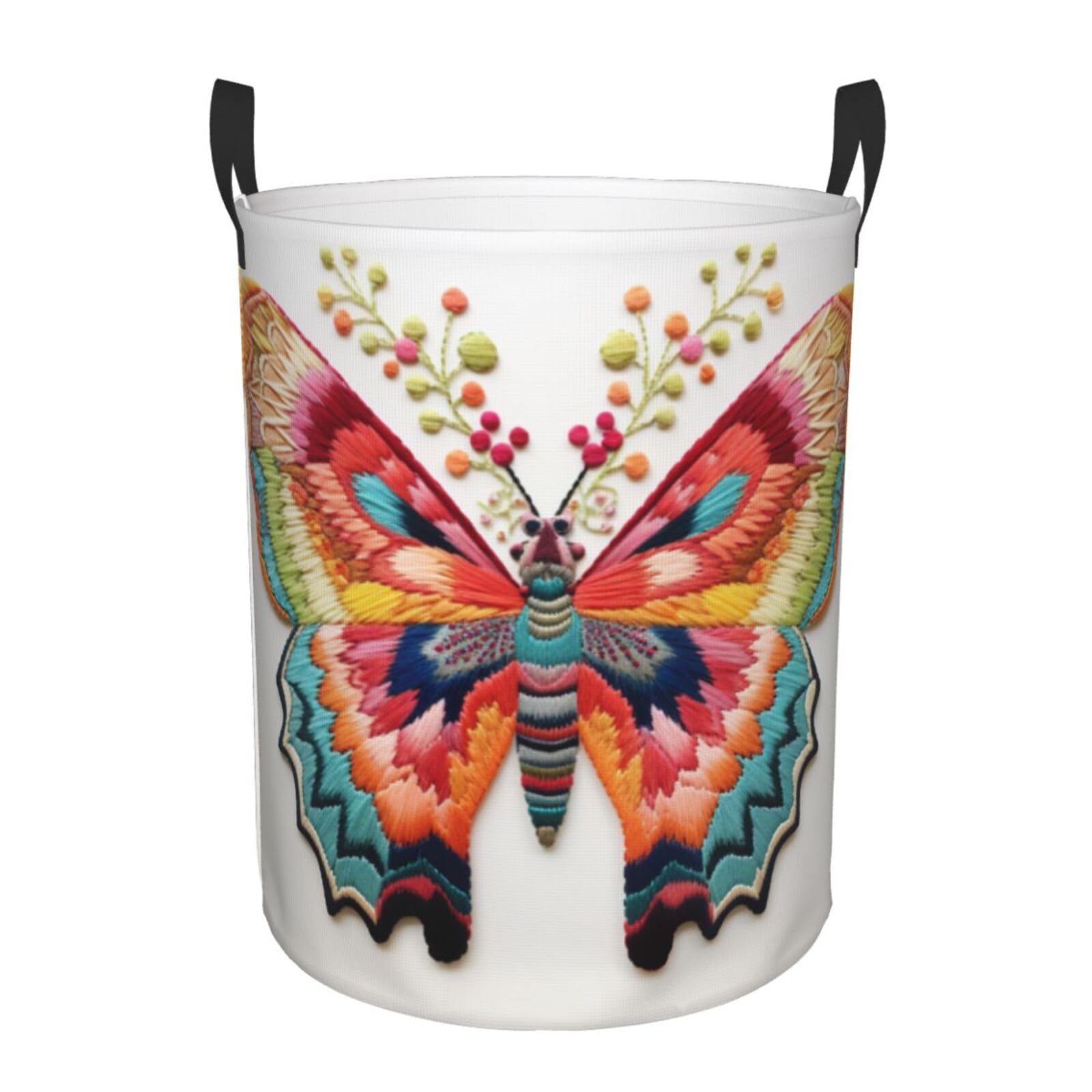 M Collapsible Laundry Hamper Round Embroidery Colorful Butterfly Print Storage
