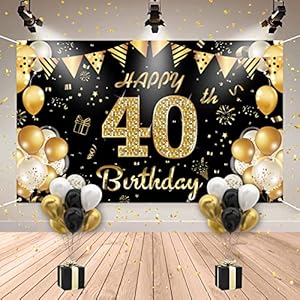 HLEIUKT 40e verjaardagsdecoratie voor mannen en vrouwen, 40e verjaardagsbanner in zwart/goud, 40 jaar, met 20 ballonnen…