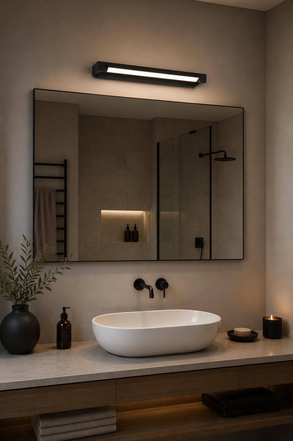 LED Wandleuchte Fabian, lange Wandlampe Badezimmer, Innen Außenbereich, schwenkbar, dimmbar, IP44, Lichtfarbe & Helligkeit einstellbar, Höhe 6 cm Breite 50 cm, Aluminium, Schwarz Matt