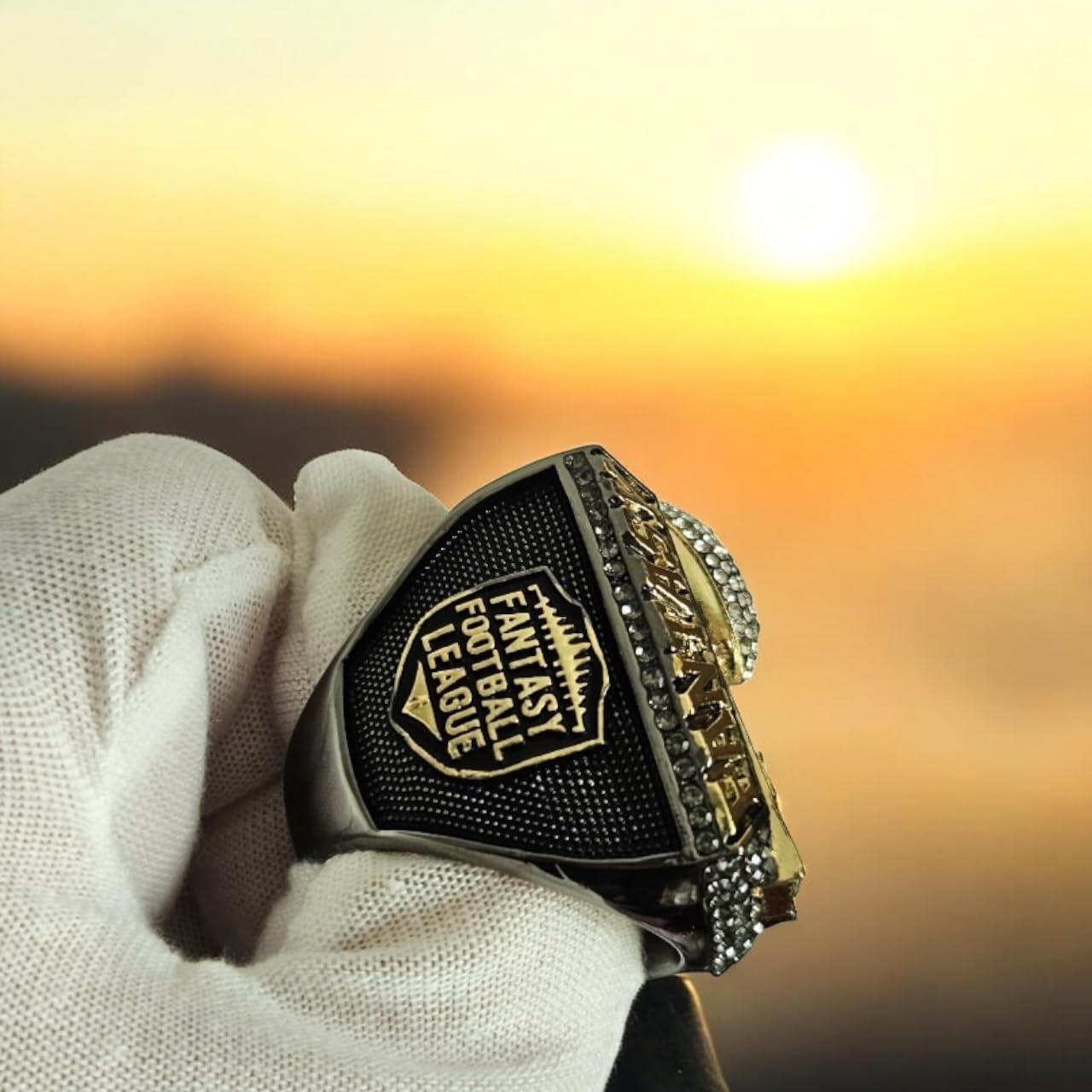Legacy Rings 2025 Huge Fantasy Football Championship Trophy Ring | Gunmetal Black and Gold Tone Plated Award for Fantasy Football League Winner | with Stand