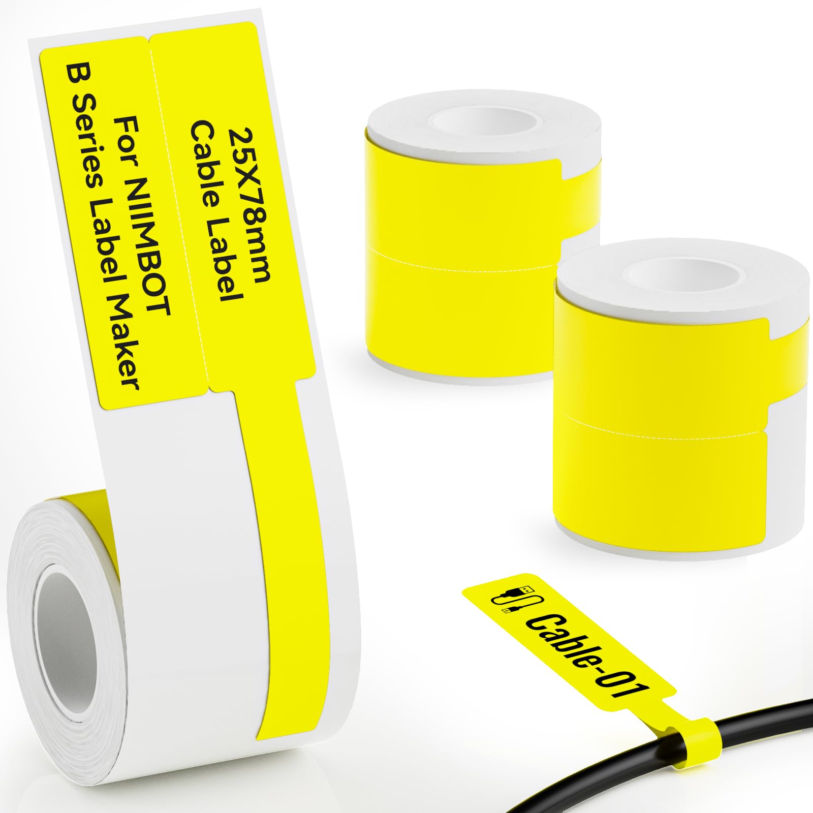 NIIMBOT 3 Roll Set Yellow Cable Labels Compatible with B1/B2/B21 Label Maker, 25x78mm