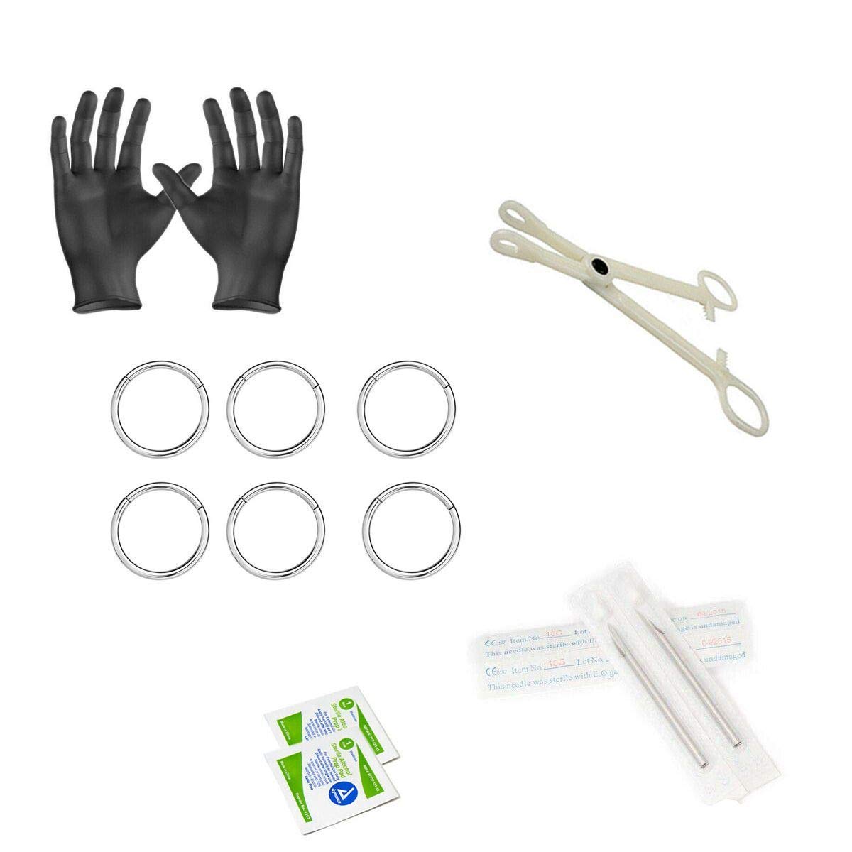 Luxe Modz 15Pcs Body Piercing Kit for Septum Piercing Includes Hinged Rings 16G 316L Surgical Steel Piercing Needles, Gloves, AlcoholPads, Forceps Clamps for All Piercing Kits