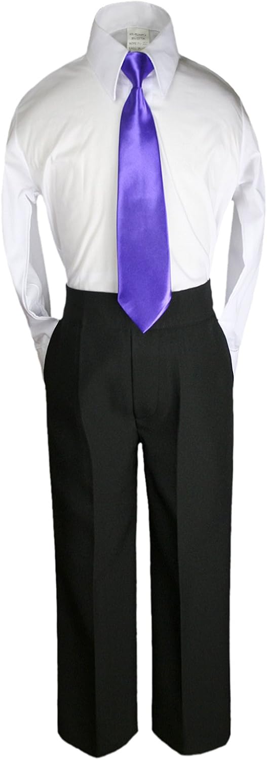 6pc Boy Black Vest Set Formal Tuxedo Suits with Satin Purple Necktie Baby to Teen