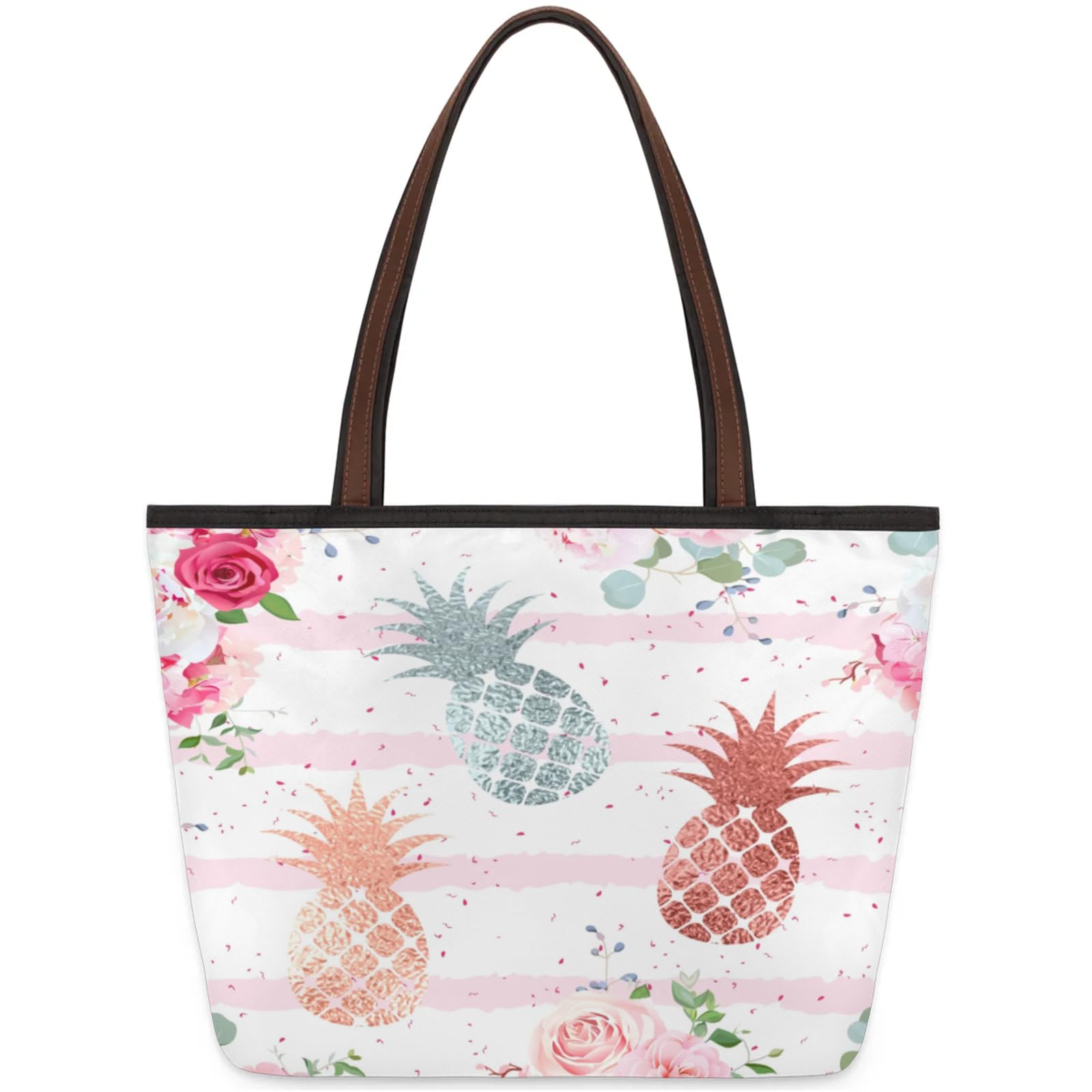 Watercolor Striped Pineapple Roses Tote Bag Multi Pocket Zippered Beach Bag Lightweight Waterproof Handbag for Women Men Work Gym Travel Swimming Yoga Grocery Shopping M