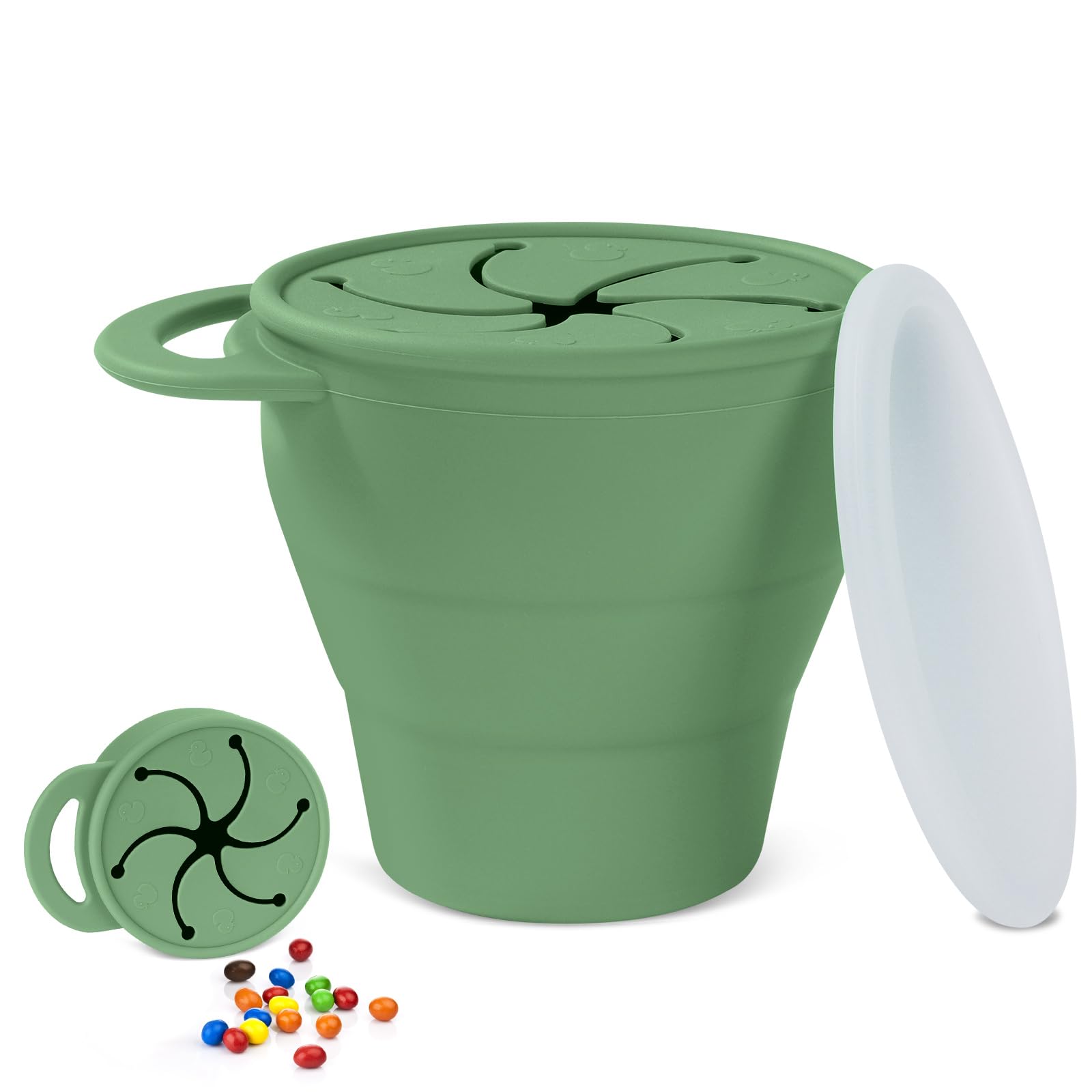 Vicloon Snack Becher, Snackbecher Silikon, Zusammenklappbarer Baby-Snackbecher aus Silikon, Praktische Aufbewahrung Greifbox mit Deckel Cup, Snack Becher Für Babys Und Kleinkinder (Grün)