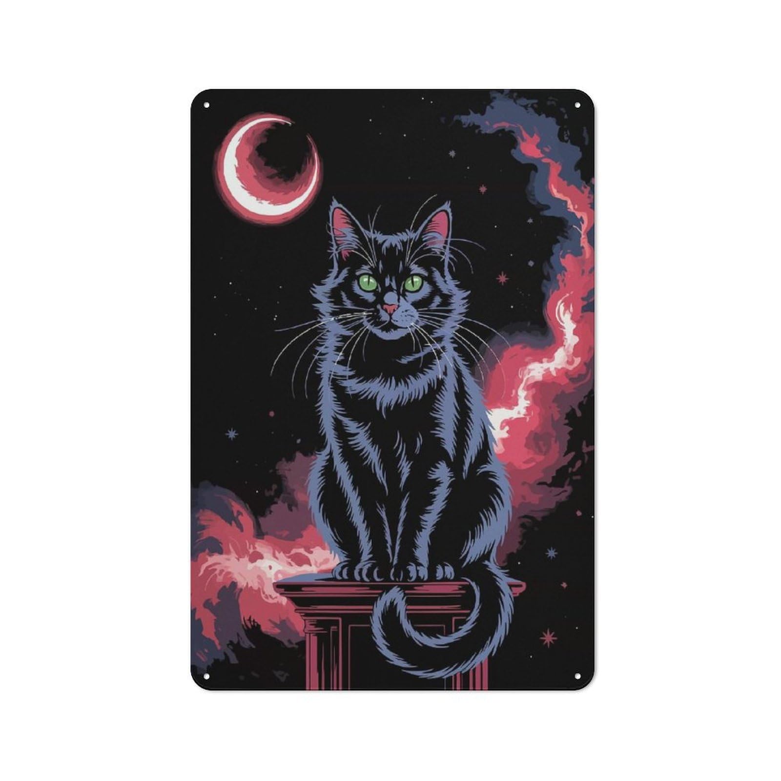 Junmoney Black Cat Under Crescent Moon Art Vintage Tin Sign 30X20cm For Hobby Room Or Studio, A New Home Present For Creative Interior Collectors