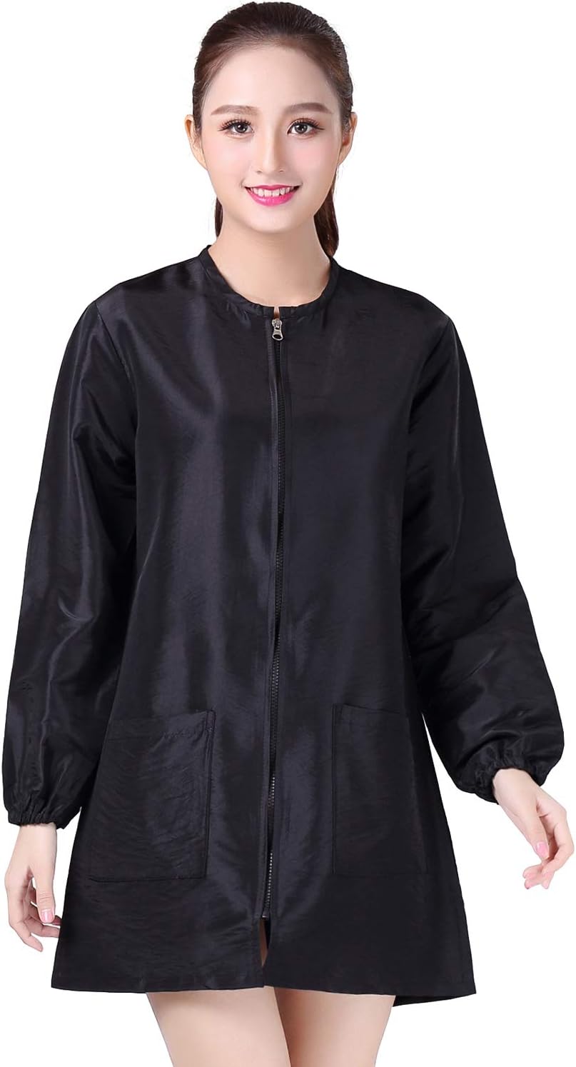 Professional Salon Smock Stylist Jacket Cosmetology Uniform Zipper Hairdressing Cape Hairdresser Work Clothes Hair Beauty SPA Guest Client Kimono Gown (L, Black)