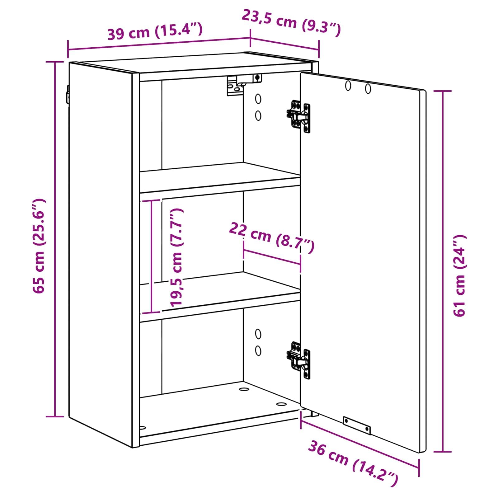 vidaXL Badezimmerschrank Wandmontiert Sonoma-Eiche 39 x 23,5 x 65 cm, Moderner Badezimmerschrank, rechteckige Wandablage, aus Holz, platzsparendes Design, praktisch und kompakt
