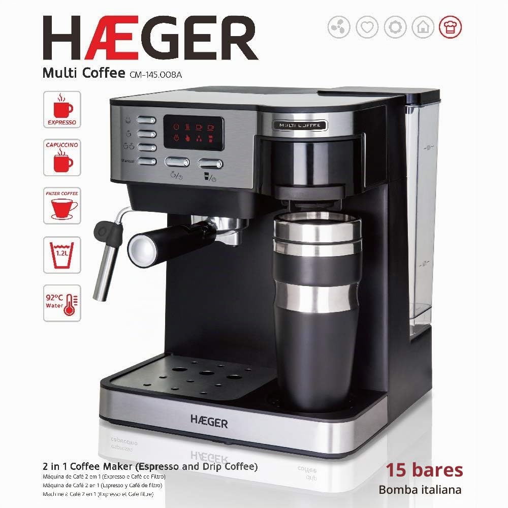 HAEGER Multi Coffee - Cafetera Espresso con 1450w, Capacidad: 1,2L - Pantalla de LED, Boquilla de Espuma y Bandeja de Goteo Desmontable, Cesta del Filtro extraíble y Lavable.
