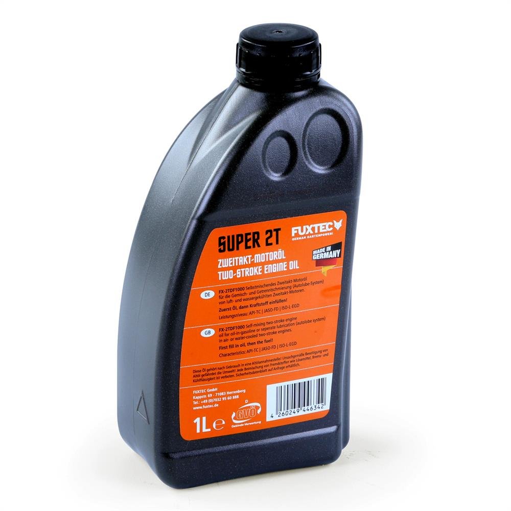 Aceite de 2 tiempos FUXTEC de 1 litro en botella dosificadora, por ejemplo, para desbrozadoras - Made in Germany