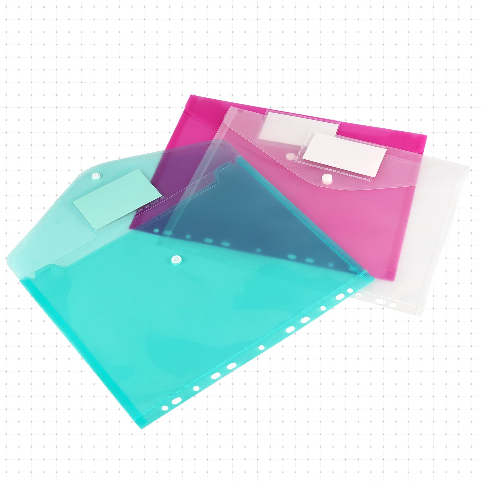JAPCHET 30 stuks A4 documentportefeuilles, plastic portefeuilles, 6 verschillende kleuren geperforeerde portefeuilles mappen met labelzak en knoopsluiting, documentmap popper portefeuilles, 11 gaats bindbestanden