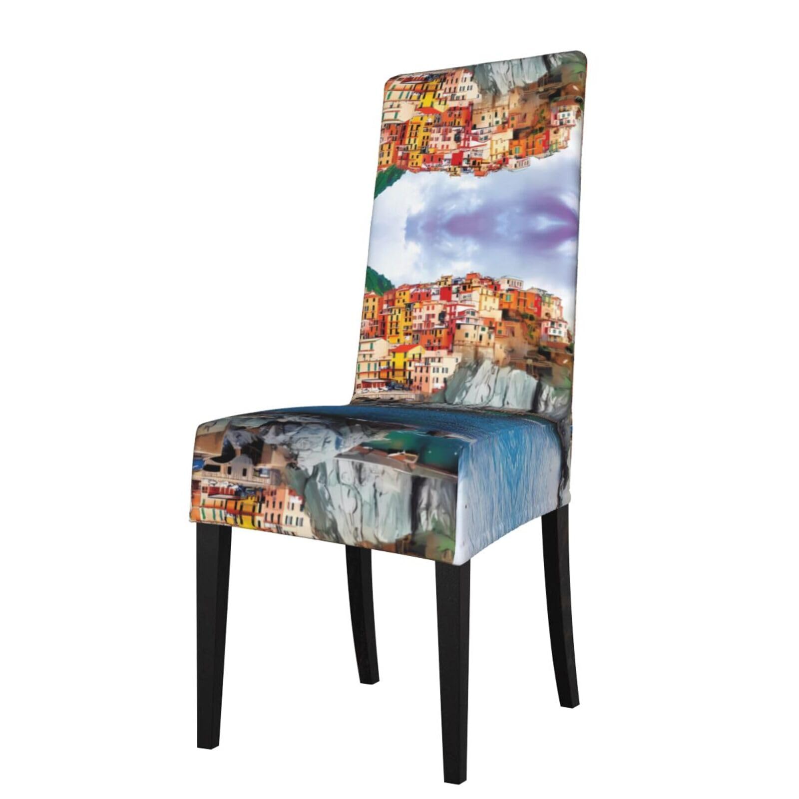 YYHWHJDE Cinque Terre scenery Prints Dining Chair Throw Covers – Stretchy & Wrinkle-Resistant Protector for Most Kitchen Chairs – Quick Refresh for Old Furniture
