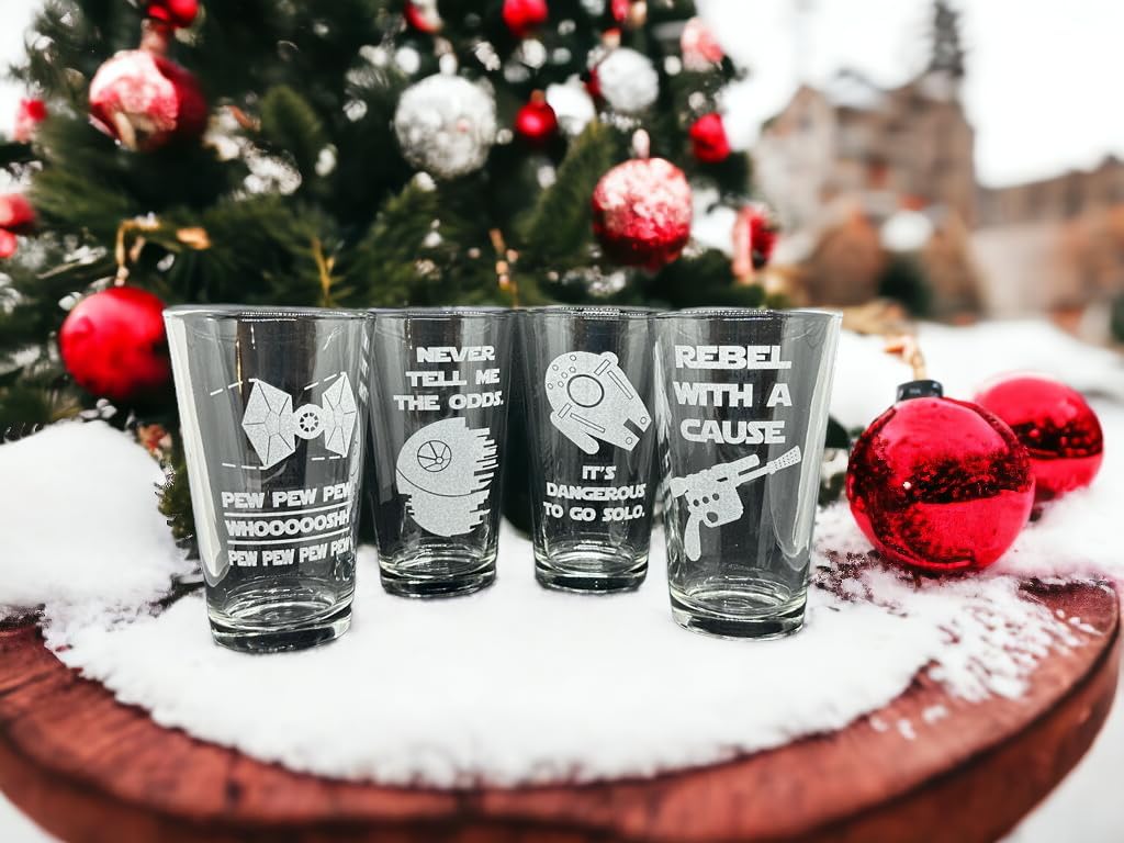 Etched Star SW Pint Glass Set of 4: Pew Pew, Never Tell Me, Dangerous To Go Solo, Rebel, Star Space Noises Sci-Fi Wars Gift Set of Four Drinking Beer Glasses Christmas