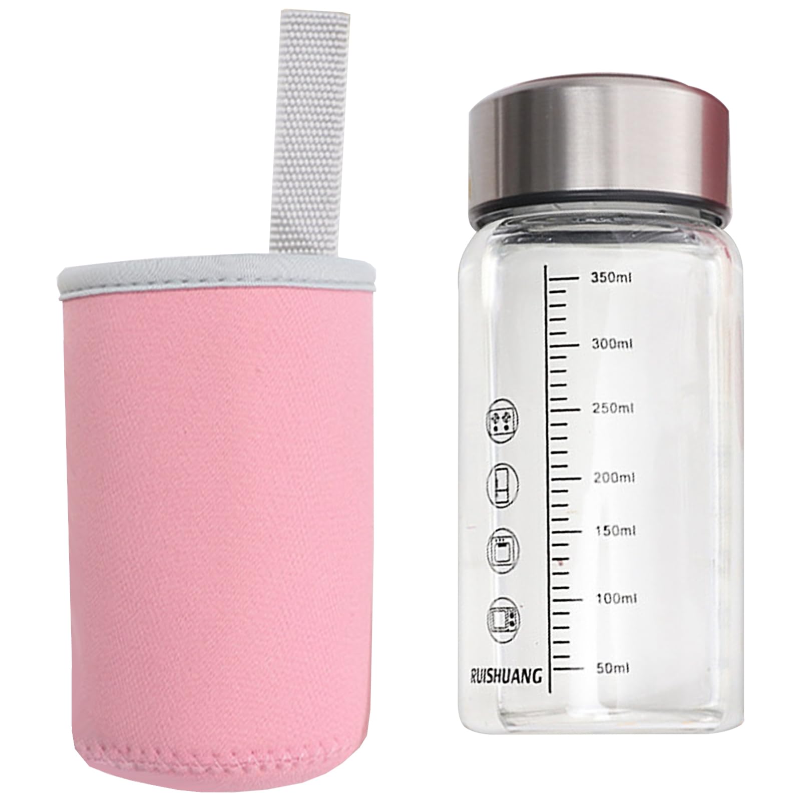 Vdaxvme Unisex Pink Hot Day Hot Glass Water Bottle 350Ml Graduation Measuring Leak Proof Lid