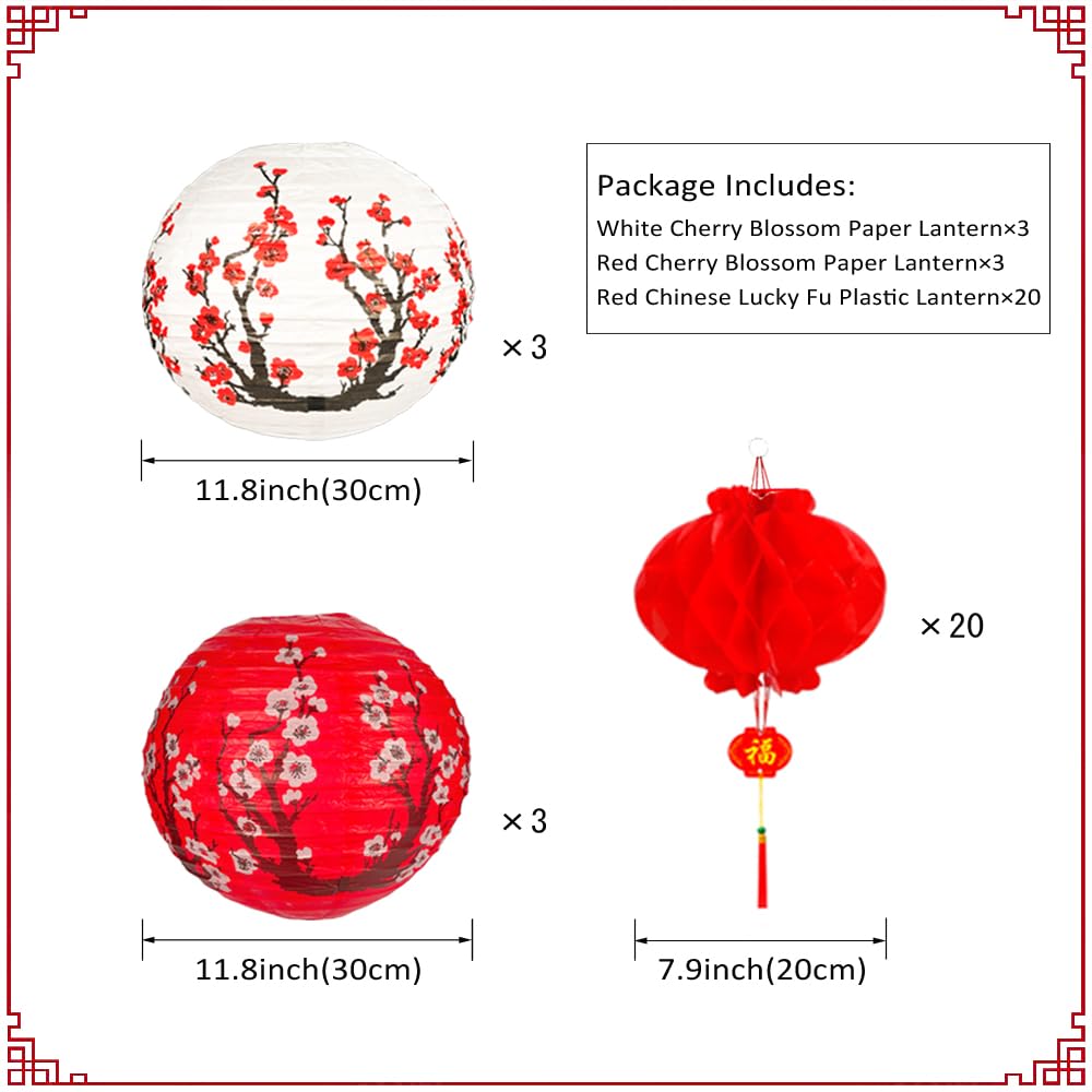 Aiminjey 26Pack Chinese Japanese Paper Lanterns Red Cherry Blossom Hanging Paper Lantern Decoration, 12in 8in Hanging Lanterns for Asian Birthday Hibachi Wedding Baby Shower Party Lunar New Year Decor